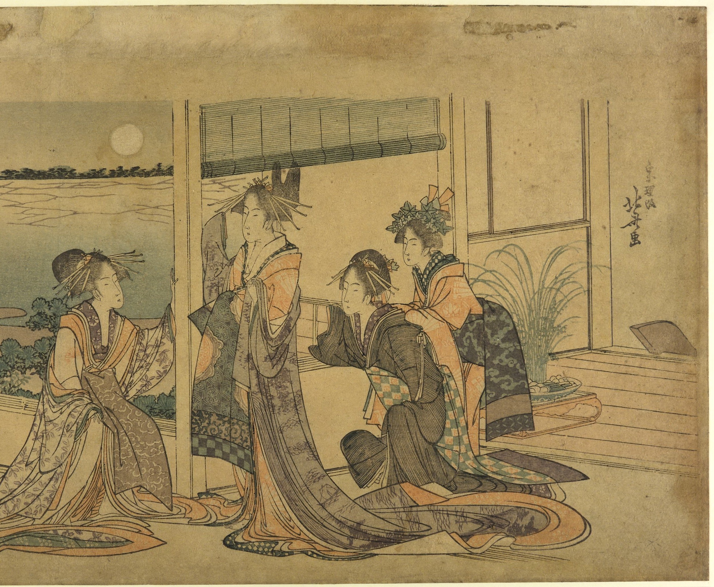 《月夜，在阳台上俯瞰海湾的妓女和神室，第 2 页》（Courtesans and kamuro on a balcony overlooking the bay on a moonlit night, sheet 2）｜葛饰北斋 Katsushika Hokusai｜19世纪初