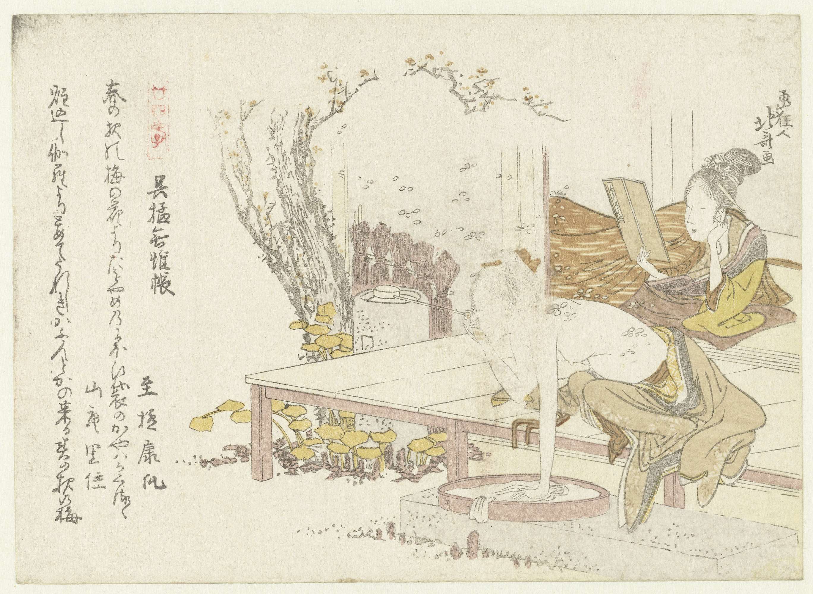 《一个女人洗澡，另一个女人看书约 1800》（One woman washes and another reads a book 约 1800）｜葛饰北斋 Katsushika Hokusai｜1800