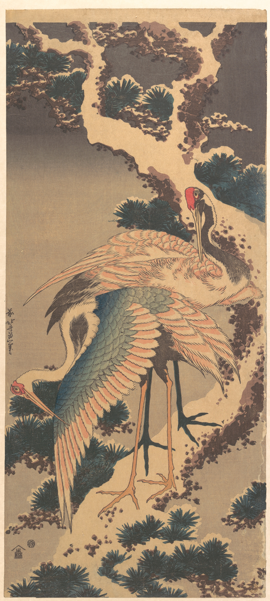 《1820 年代末，白雪覆盖的松枝上的起重机》（Cranes on a snow-covered pine branch, late 1820s）｜葛饰北斋 Katsushika Hokusai｜1820