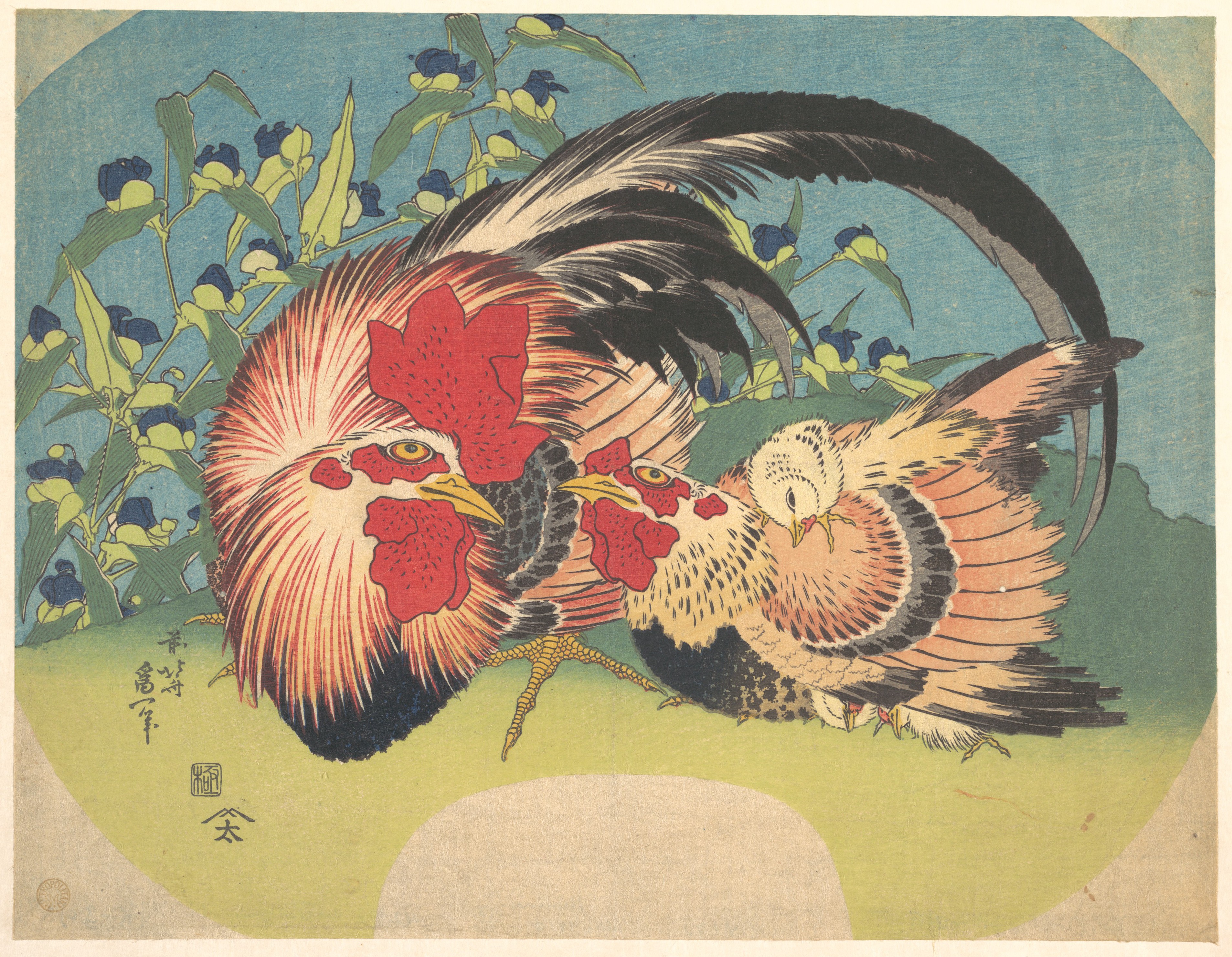 《公鸡、母鸡和小鸡 1830-1833》（Rooster, hen and chick 1830-1833）｜葛饰北斋 Katsushika Hokusai｜1830-1833