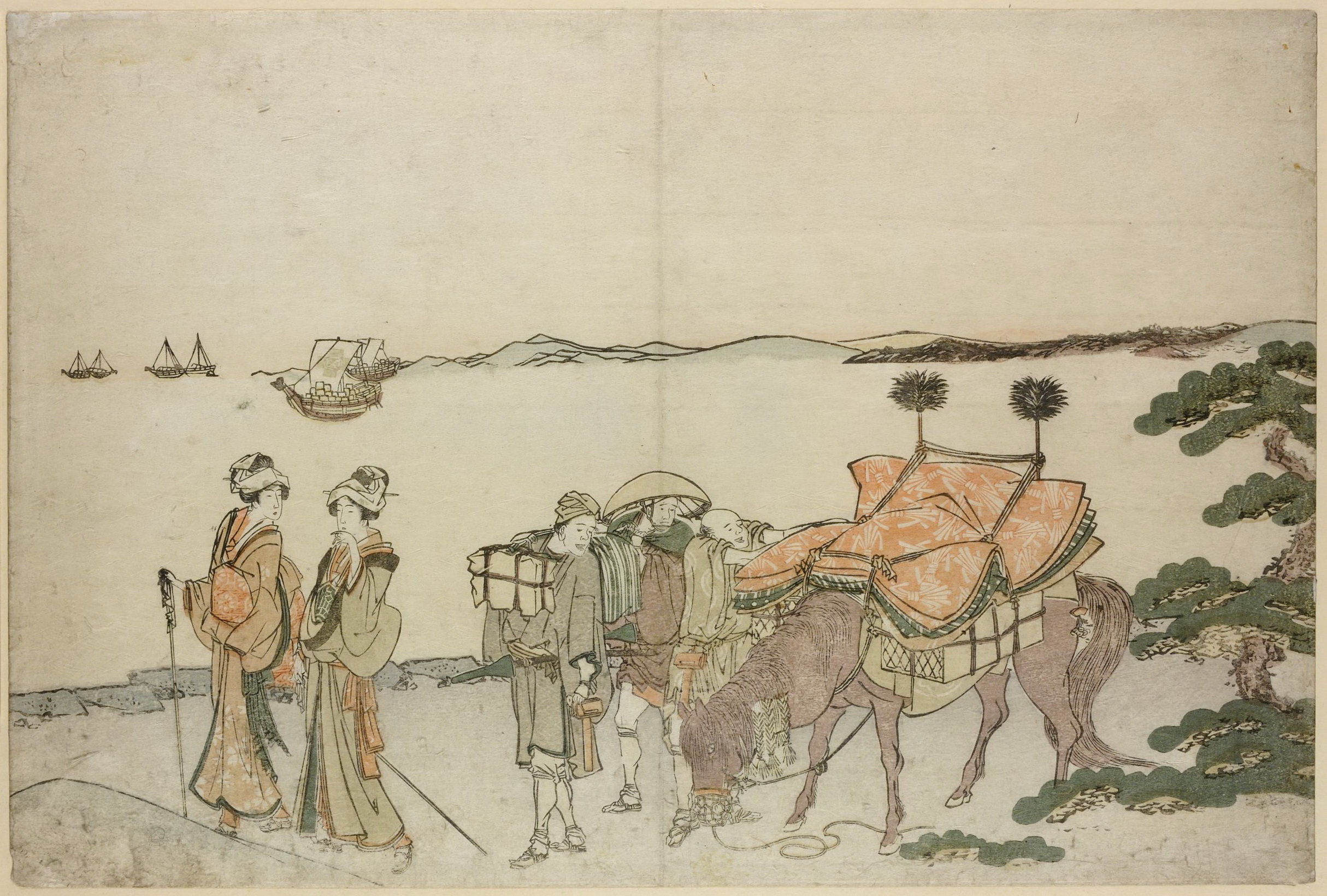 《两位女士带着搬运工沿着海岸散步》（Two ladies with porters walk along the coast）｜葛饰北斋 Katsushika Hokusai｜19世纪