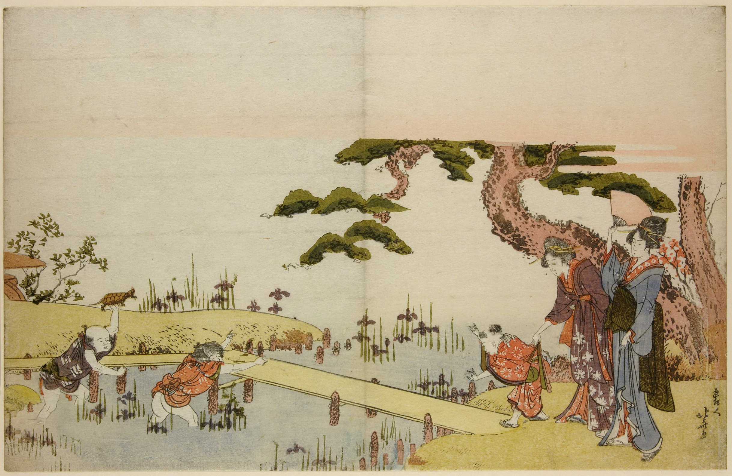 《两个带着孩子在花园里散步的妇女》（Two women with children walking in the garden）｜葛饰北斋 Katsushika Hokusai｜19世纪