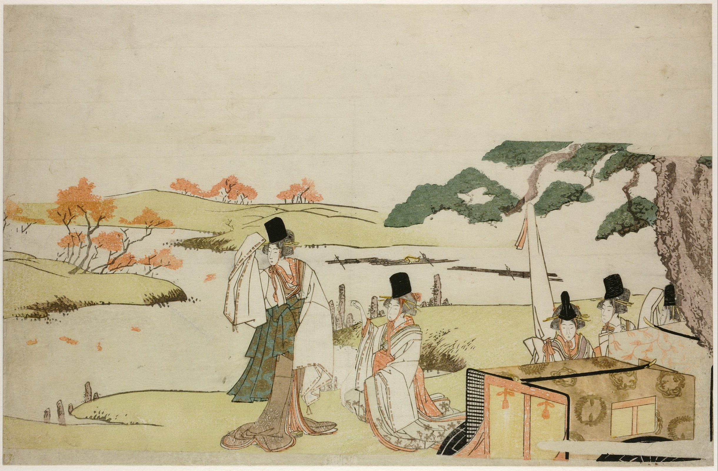 《游行队伍停在河边欣赏枫树》（Parade procession stopping at the river bank to admire the maples）｜葛饰北斋 Katsushika Hokusai｜19世纪