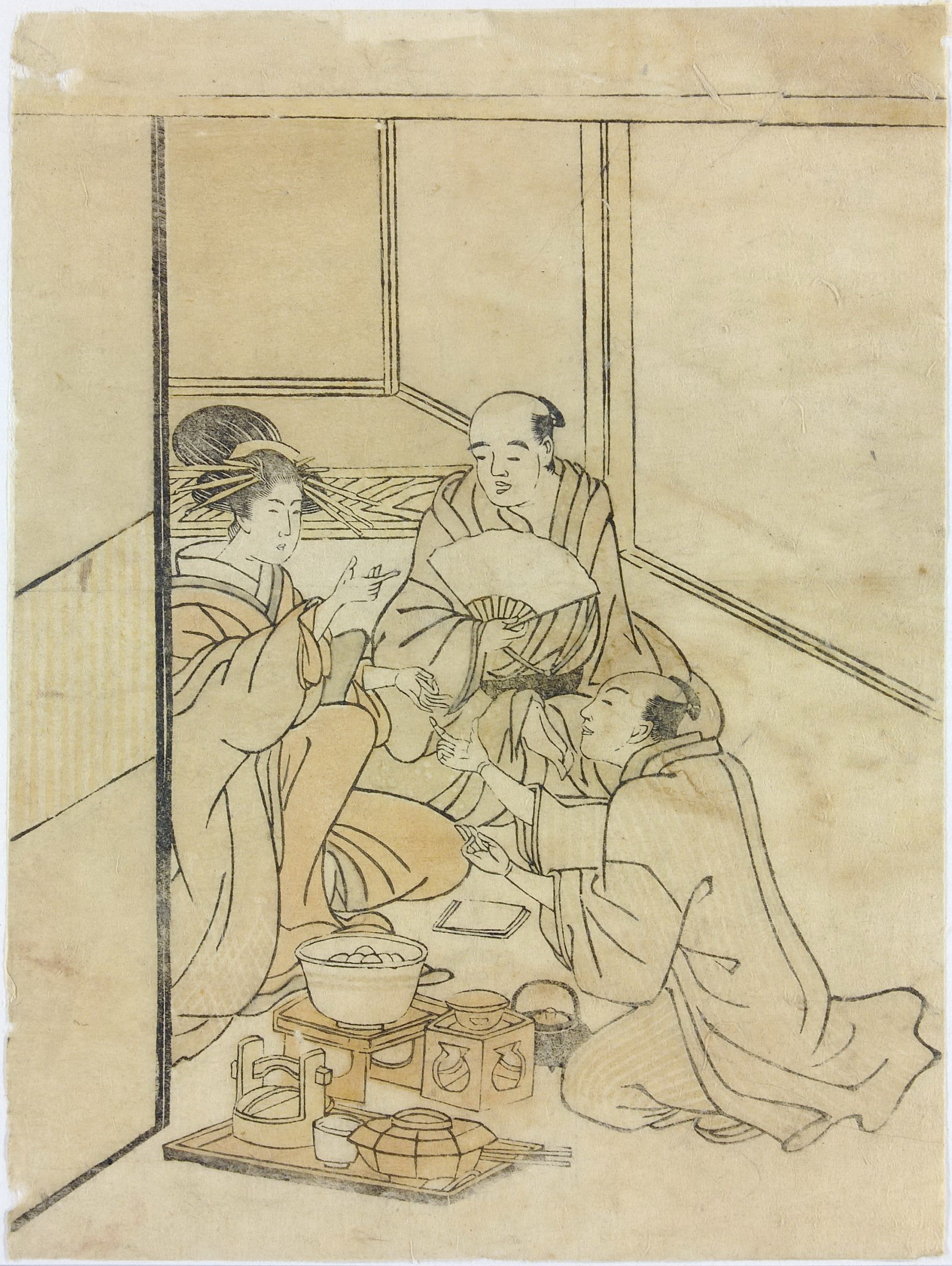 《艺伎和两个男人玩狐拳》（Geisha and two men playing kitsune ken）｜葛饰北斋 Katsushika Hokusai｜不明