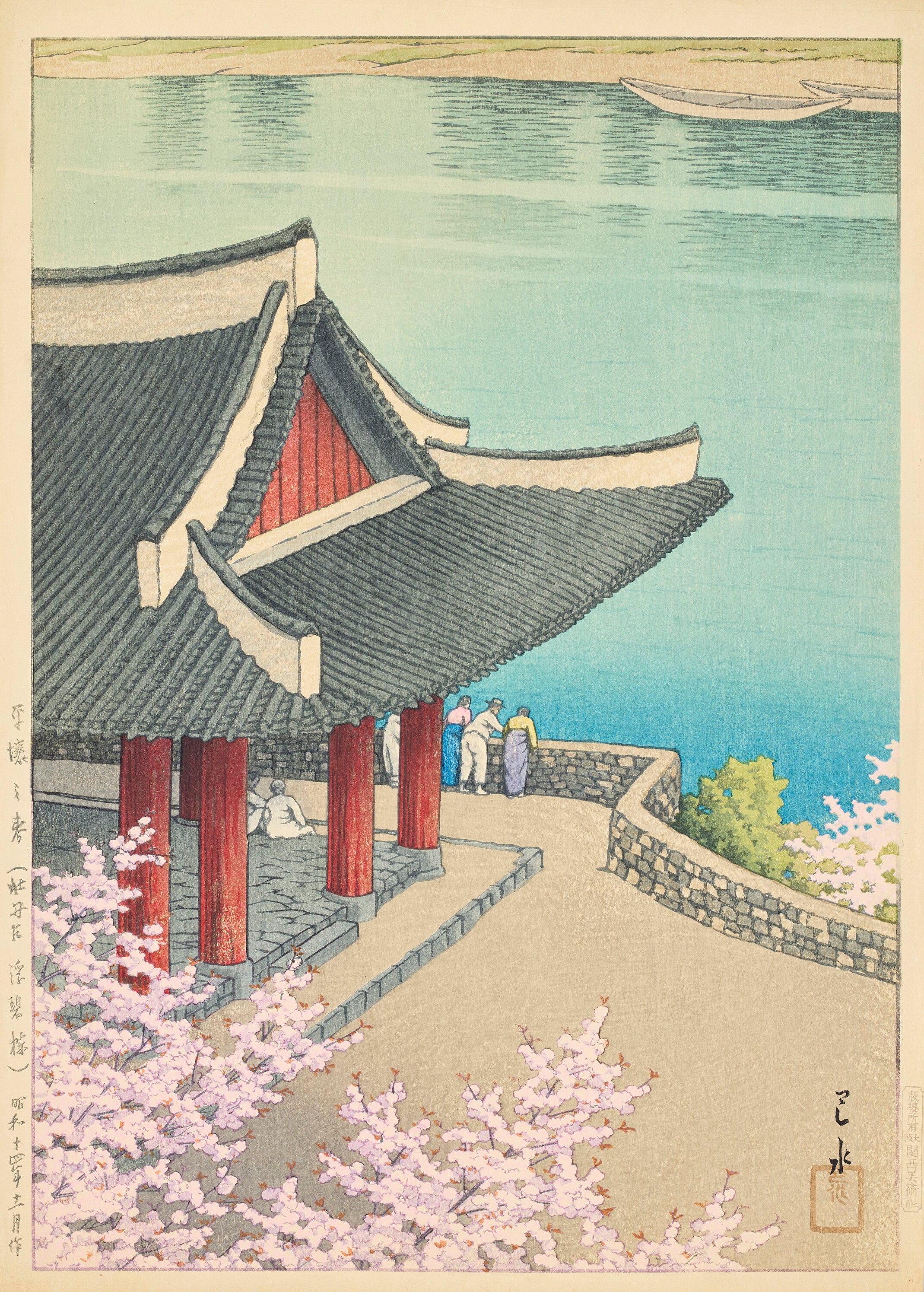 《平壤牡丹台浮碧楼之春》（Spring at Pubyong Pavilion, Modan Viewpoint, Pyongyang）｜川濑巴水 Kawase Hasui｜1939
