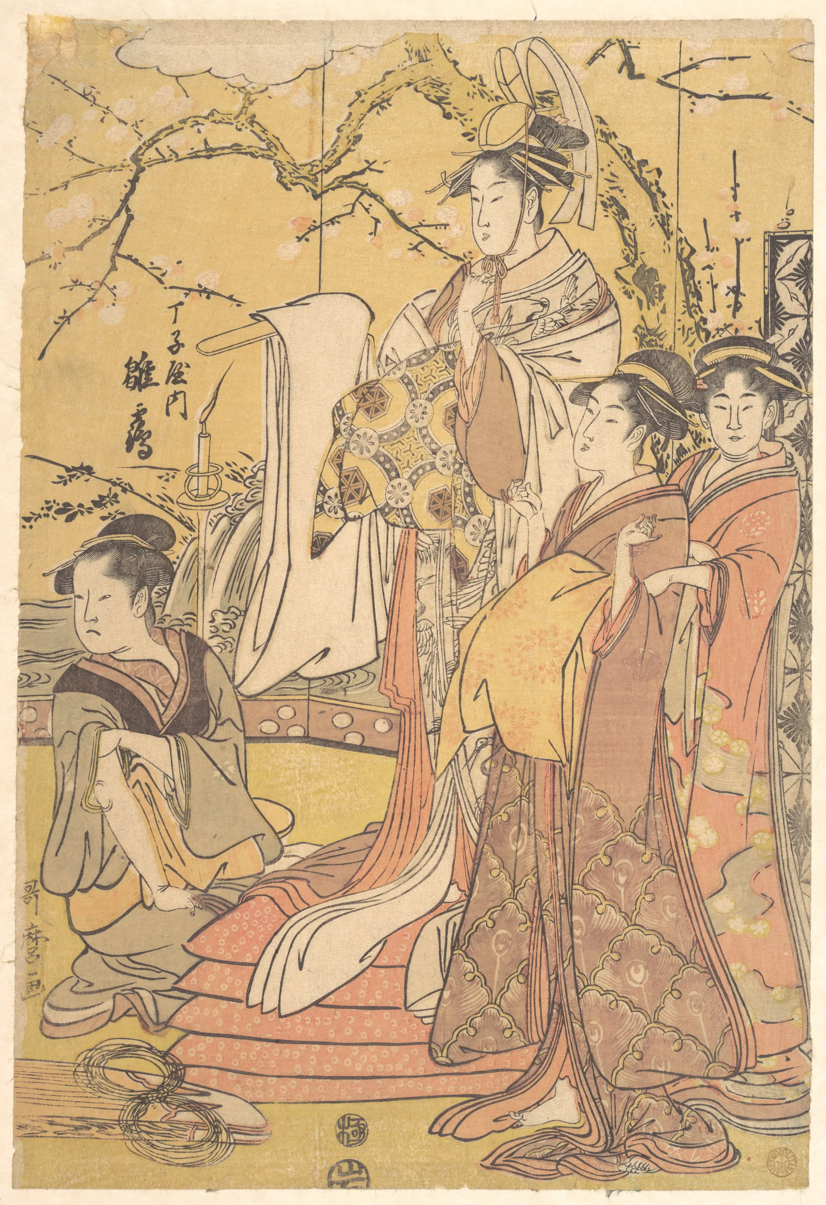 丁子屋花魁雏鹤立于被褥上