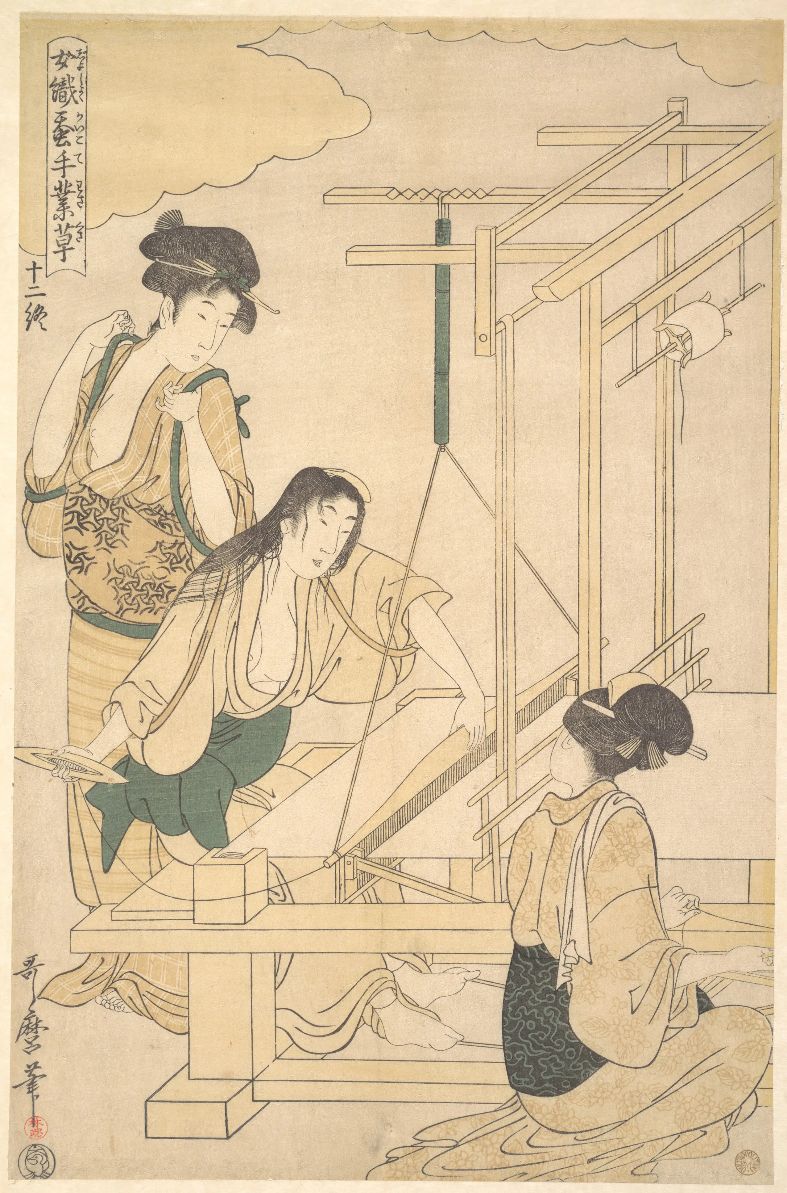 《织丝布的女子》（Women Weaving Silk Cloth）｜喜多川歌麿 Kitagawa Utamaro｜江户时代，约 1800