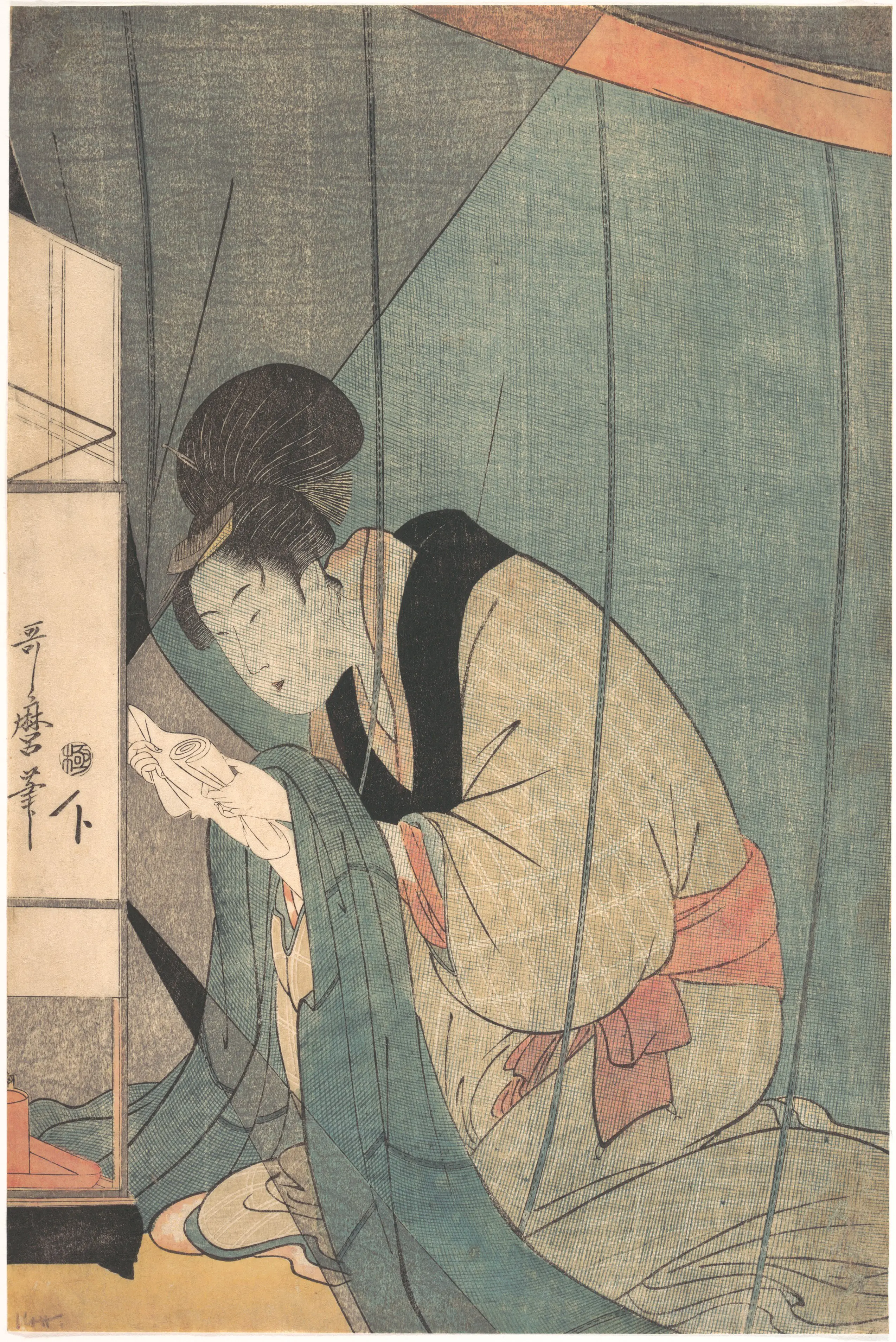 《蚊帐下读信的女子》（Woman Reading a Letter under a Mosquito Net）｜喜多川歌麿 Kitagawa Utamaro｜江户时代，约 1798