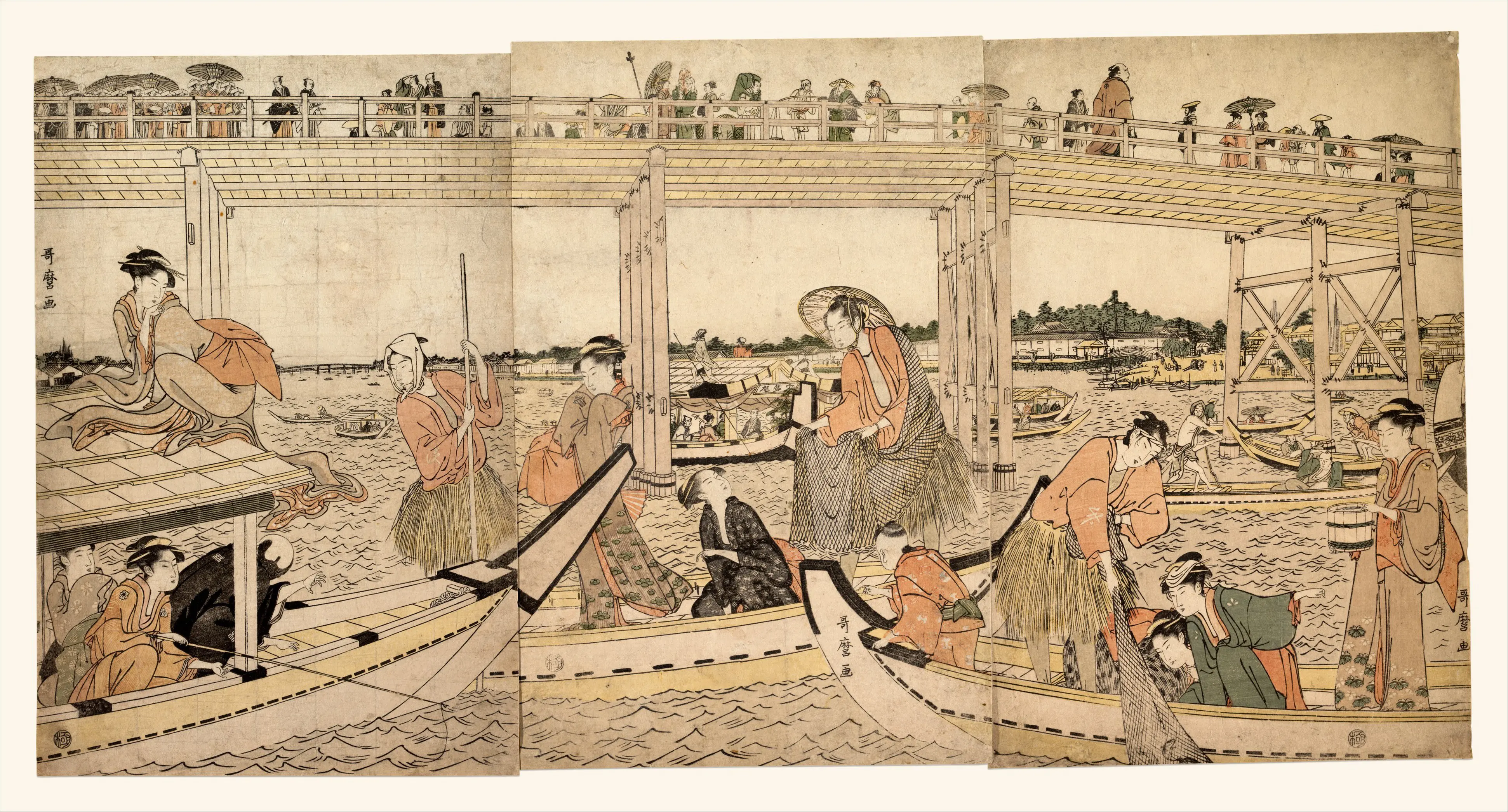《两国桥下张网渔船》（Fishing Boats with Nets under Ryōgoku Bridge）｜喜多川歌麿 Kitagawa Utamaro｜江户时代，1790s