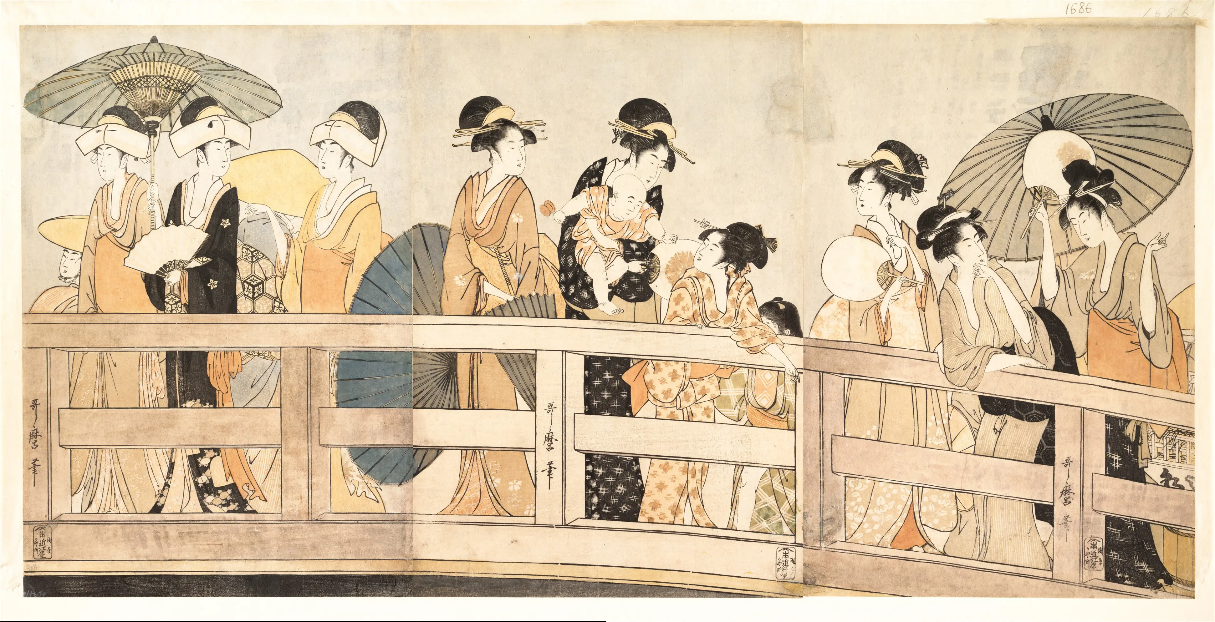 《桥上桥下纳凉》（Enjoying the Cool Evening Breeze on and under the Bridge）｜喜多川歌麿 Kitagawa Utamaro｜江户时代，约 1800