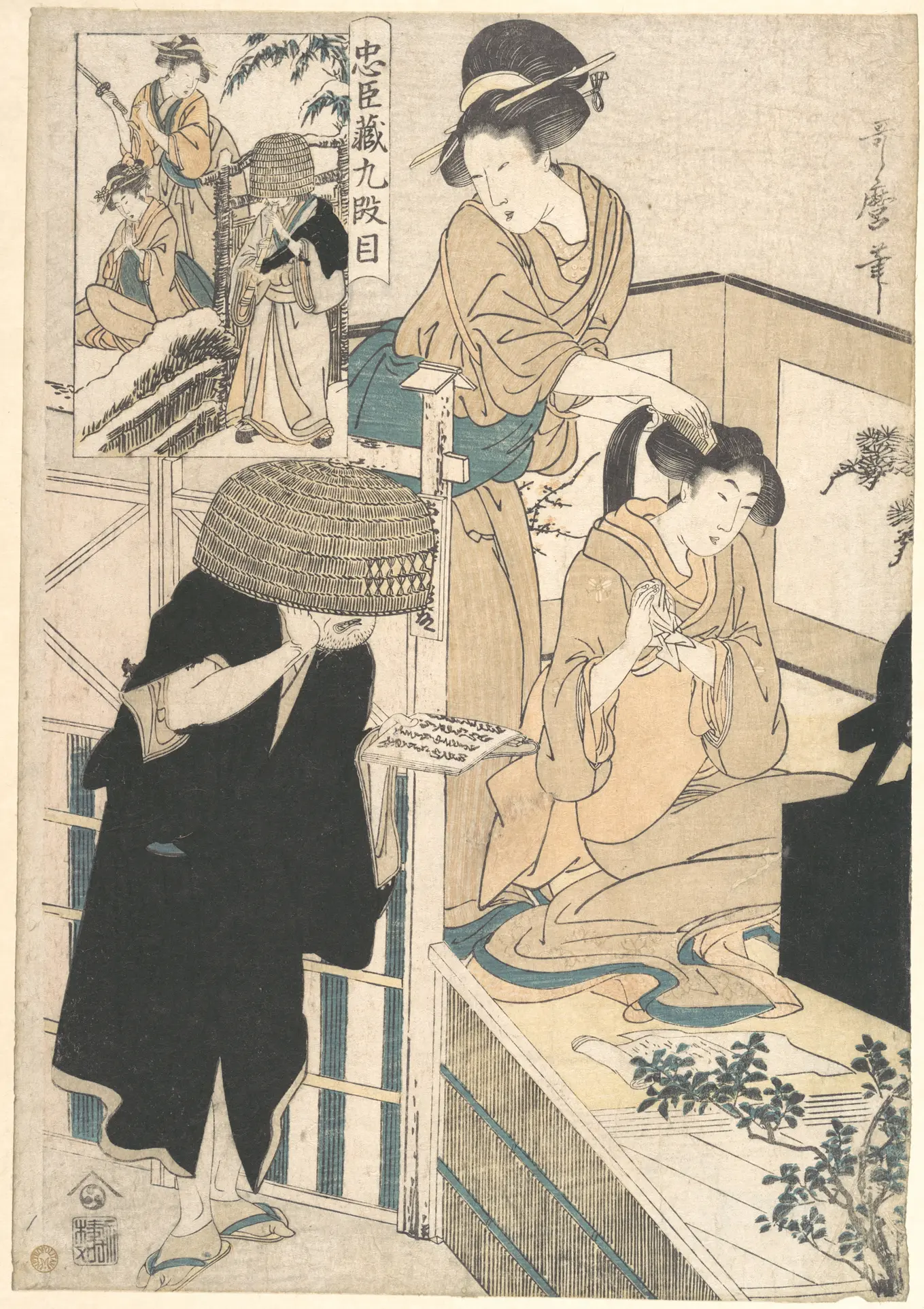 镜前梳妆、由女发结梳发的女子