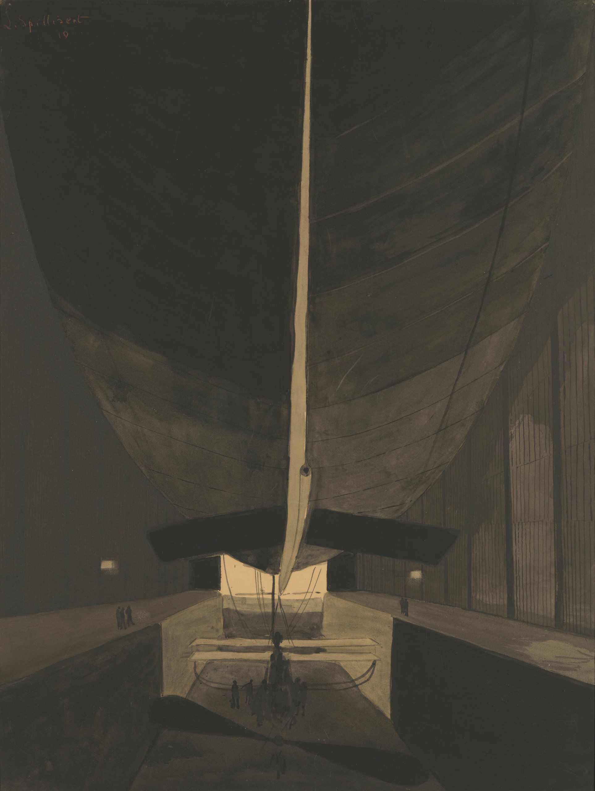 《飞艇 Belgique II 在其棚屋中》（Airship Belgique II in its shed）｜莱昂·斯皮里亚特 Léon Spilliaert｜1910