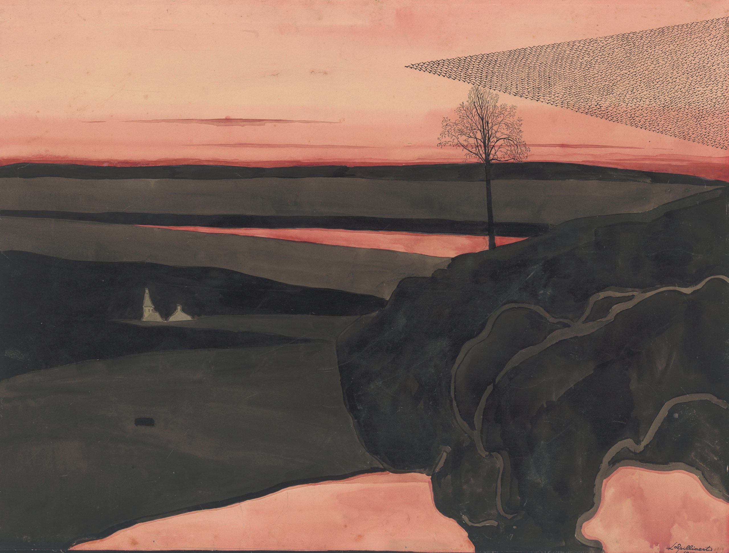 《红霞下的候鸟景观》（Landscape under a Red Evening Glow with Migratory Birds）｜莱昂·斯皮里亚特 Léon Spilliaert｜1919