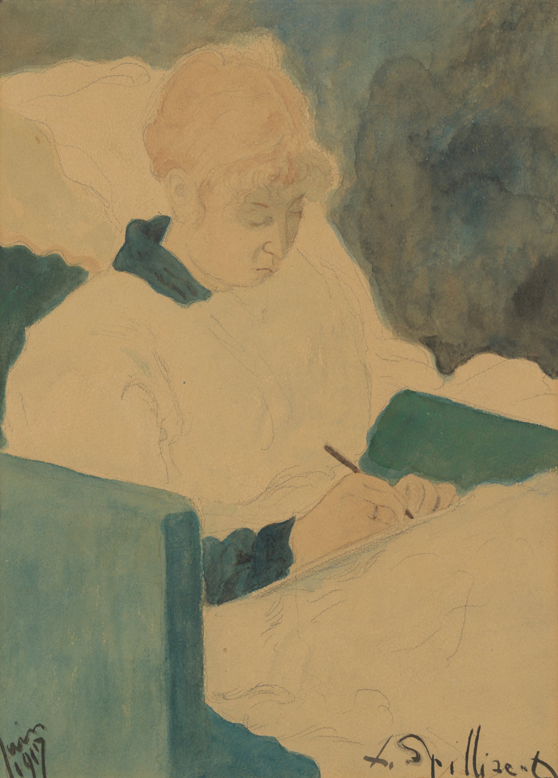 《写信的女人》（Woman writing a letter）｜莱昂·斯皮里亚特 Léon Spilliaert｜1917