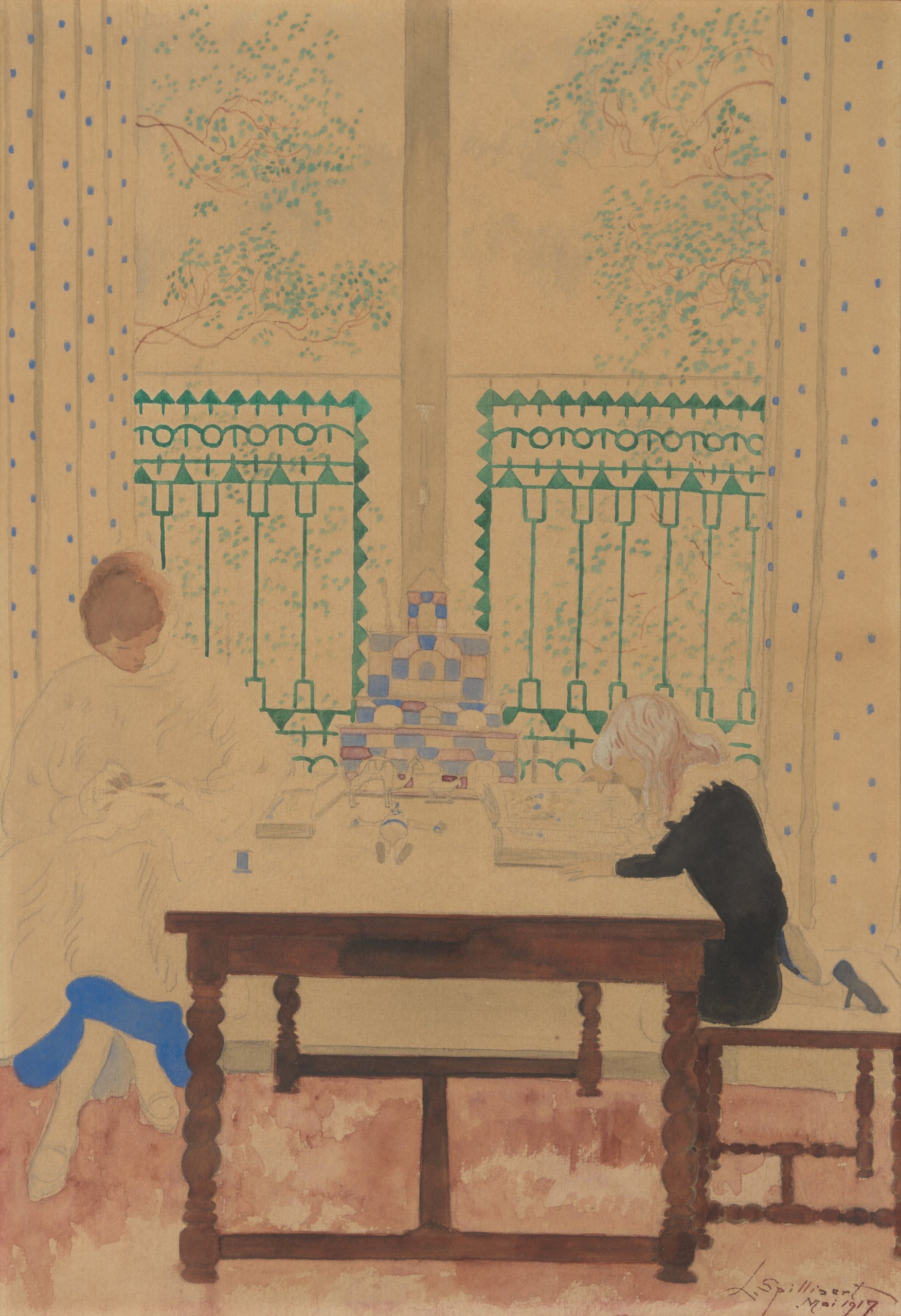 《带着孩子在桌边读书的女人》（Woman with child reading at the table）｜莱昂·斯皮里亚特 Léon Spilliaert｜1917