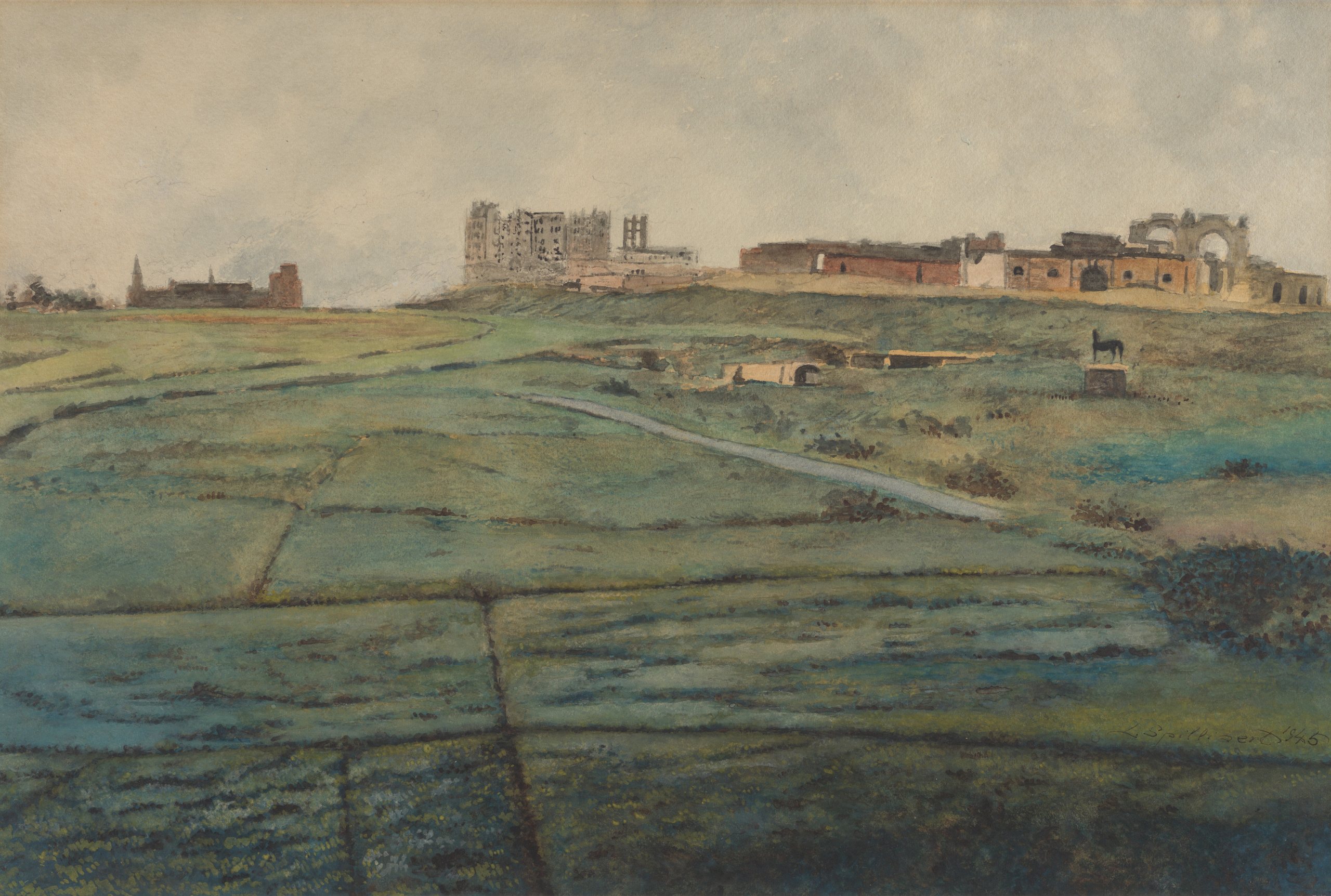 《第二次世界大战后不久，位于奥斯坦德的惠灵顿赛马场》（The Wellington Racetrack in Oostende shortly after the Second World War）｜莱昂·斯皮里亚特 Léon Spilliaert｜1945