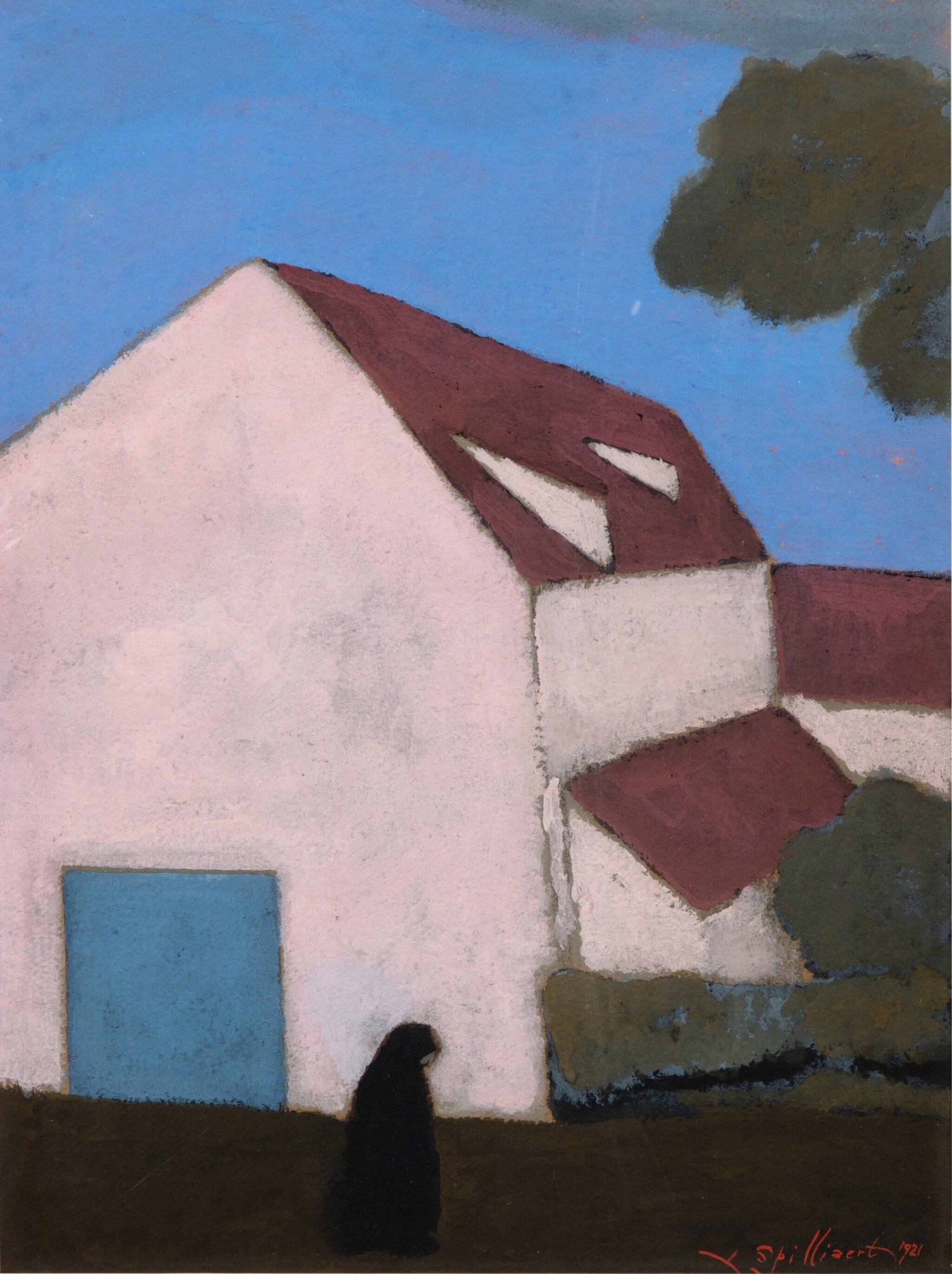 《有粉红色门面的农场，女人的剪影》（Farm with pink facade, silhouette of a woman）｜莱昂·斯皮里亚特 Léon Spilliaert｜1921