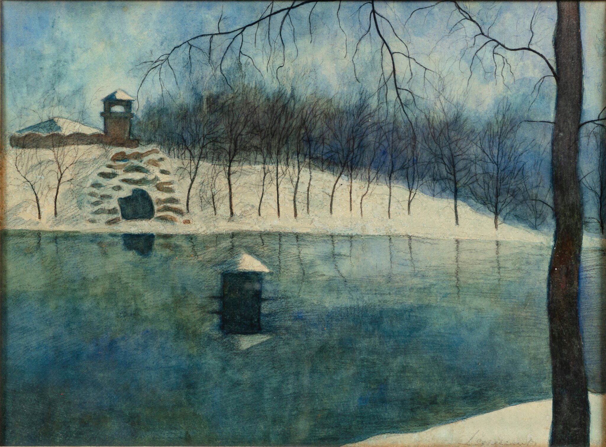 《奥斯坦德的利奥波德公园，有池塘和 Trinkhall，在雪下》（Leopold Park in Ostend with the pond and the Trinkhall, under the snow）｜莱昂·斯皮里亚特 Léon Spilliaert｜1915