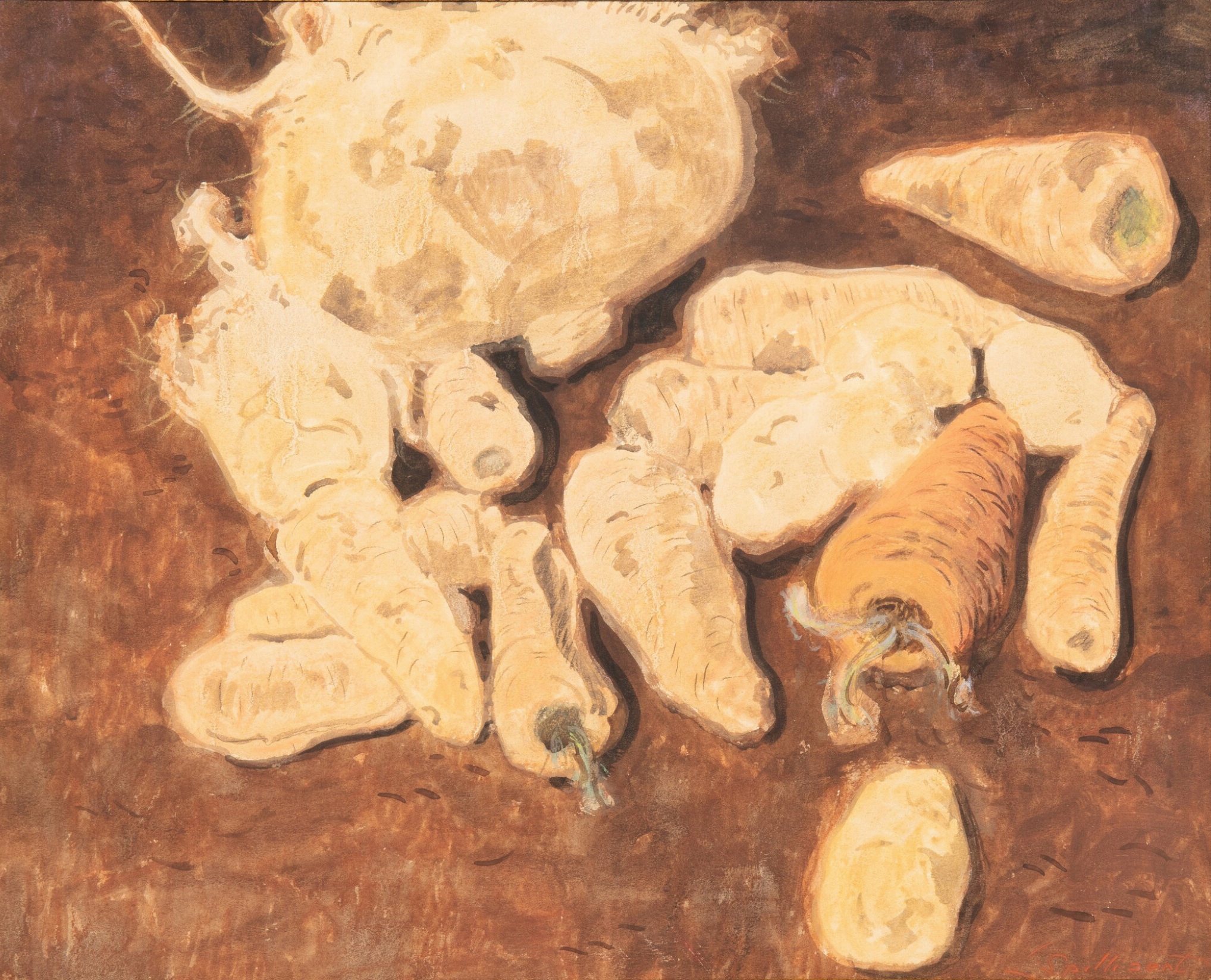《静物与萝卜和胡萝卜》（Still life with turnips and carrots）｜莱昂·斯皮里亚特 Léon Spilliaert｜1924