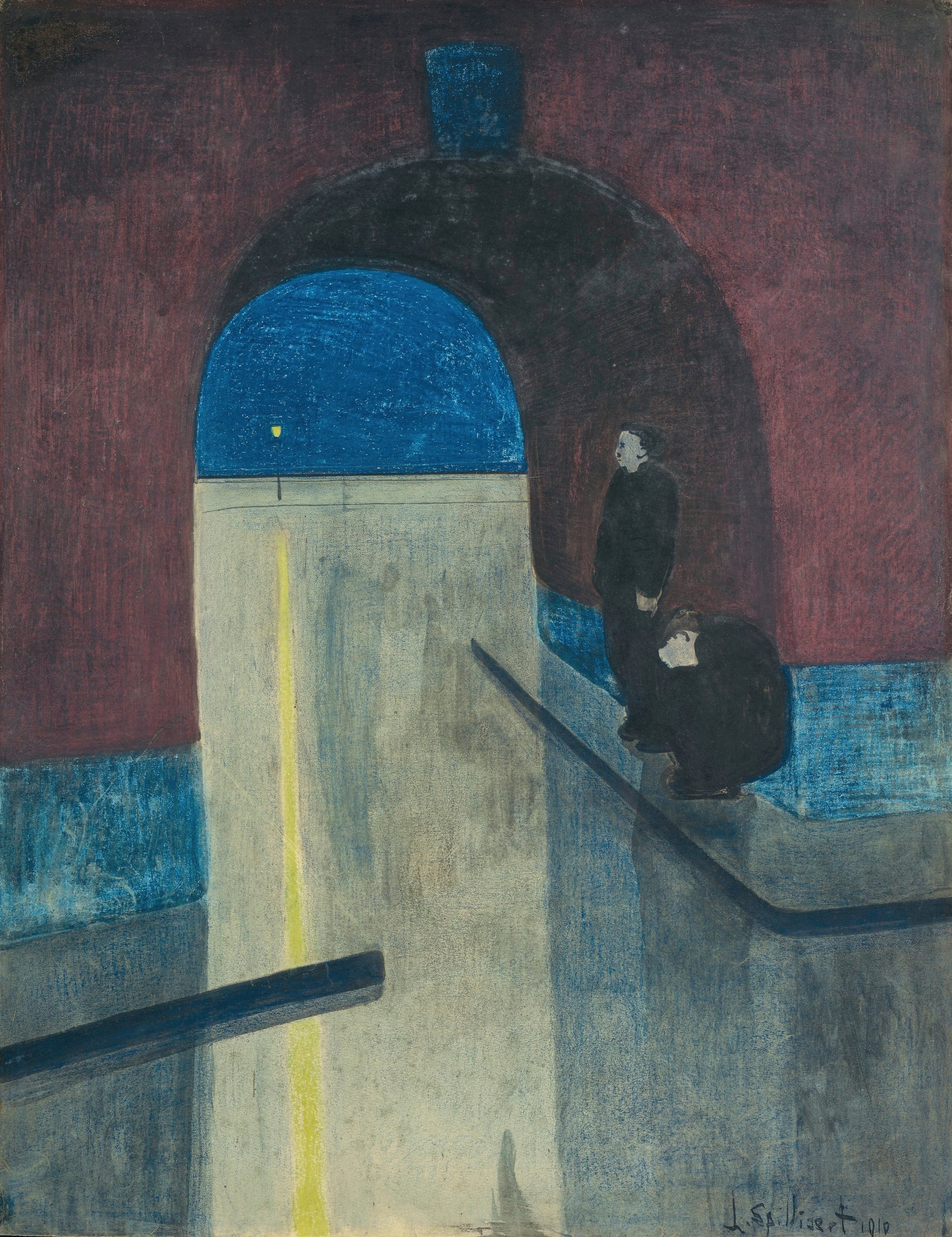 《奥斯坦德 Drie Gapers 拱顶下的一男一女避难》（A man and a woman sheltering under a vault of the Drie Gapers, Ostend）｜莱昂·斯皮里亚特 Léon Spilliaert｜1910