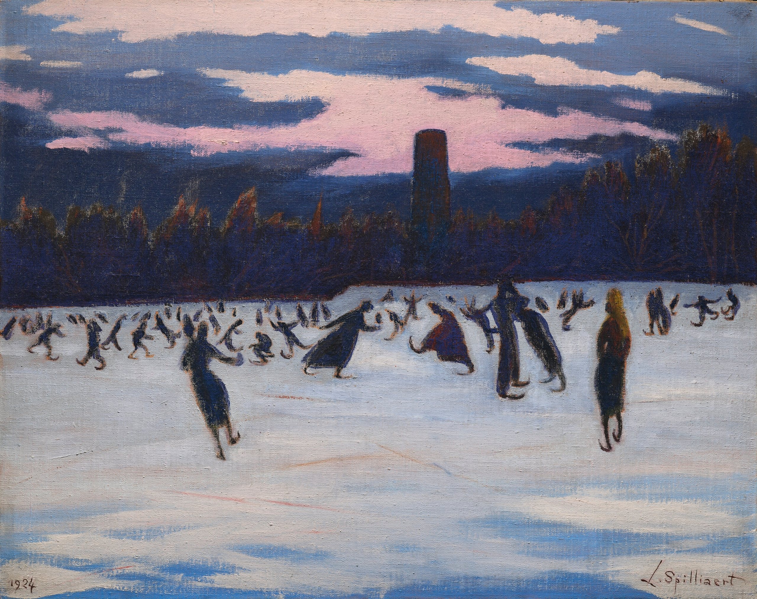 《奥斯坦德玛丽-亨利埃特公园的滑冰者》（Skaters at Marie-Henriette Park, Ostend）｜莱昂·斯皮里亚特 Léon Spilliaert｜1924