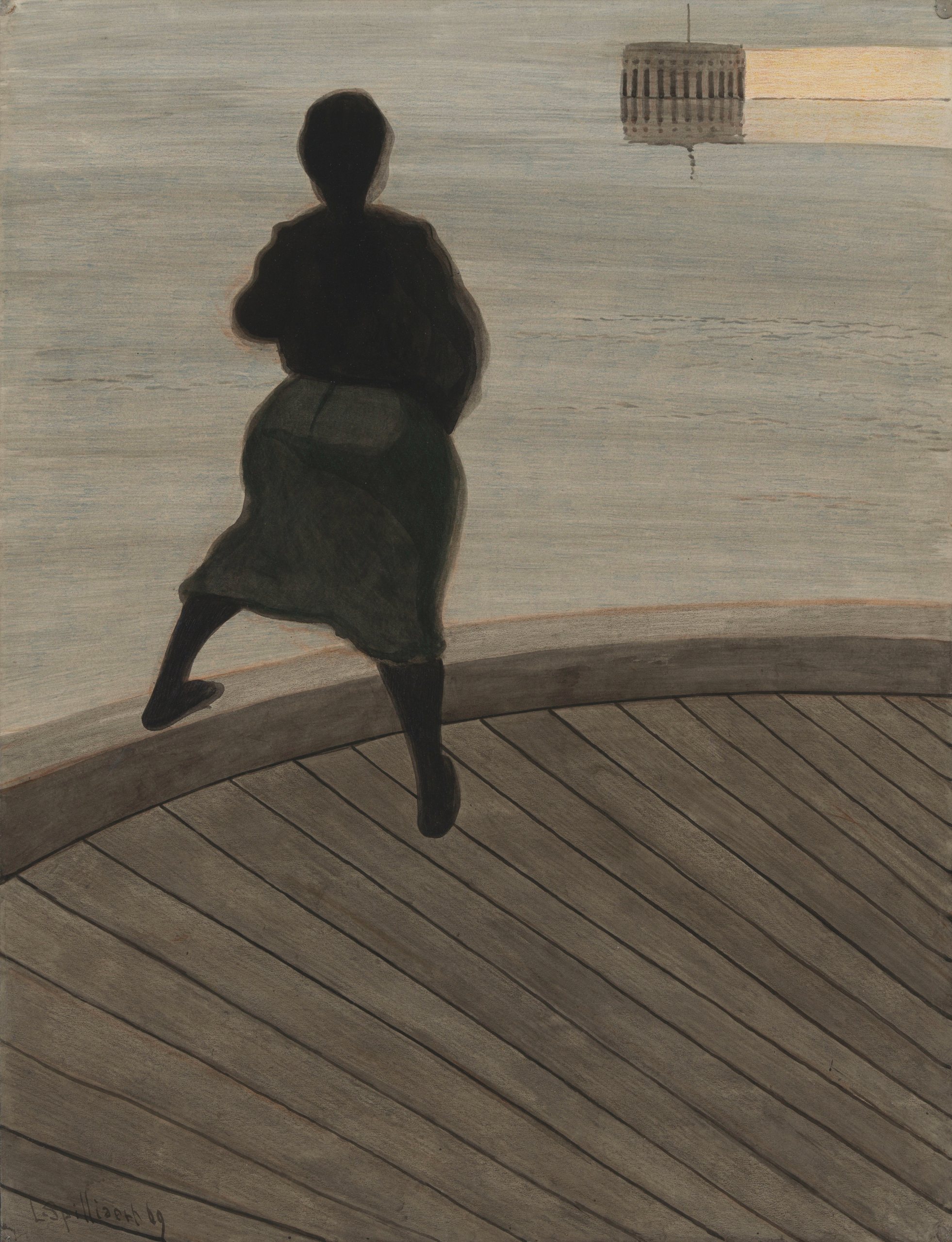 《浮桥上的渔夫妻子》（Fisherman's wife on the pontoon）｜莱昂·斯皮里亚特 Léon Spilliaert｜1909