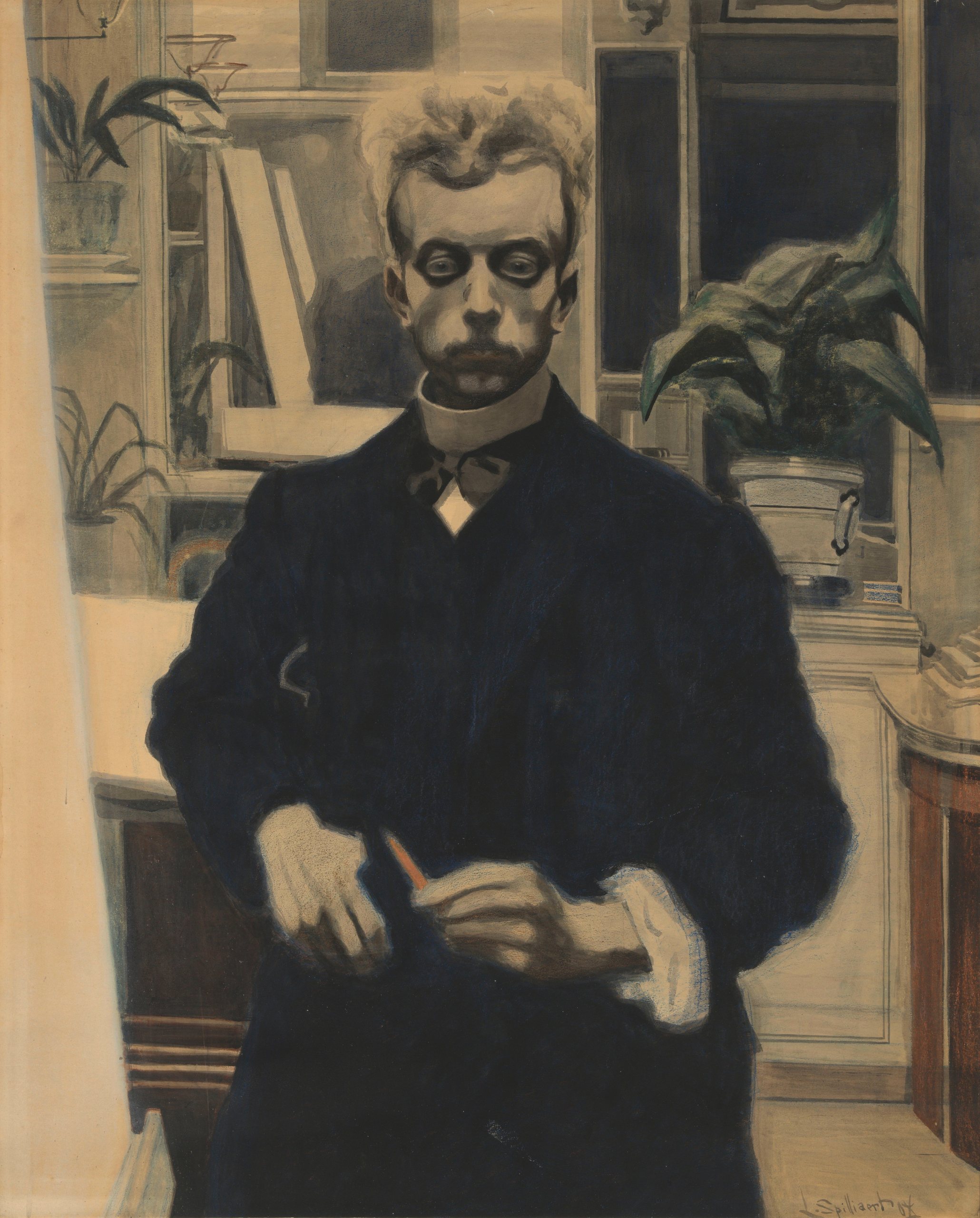 《红铅笔自画像》（Self-portrait with red pencil）｜莱昂·斯皮里亚特 Léon Spilliaert｜1908