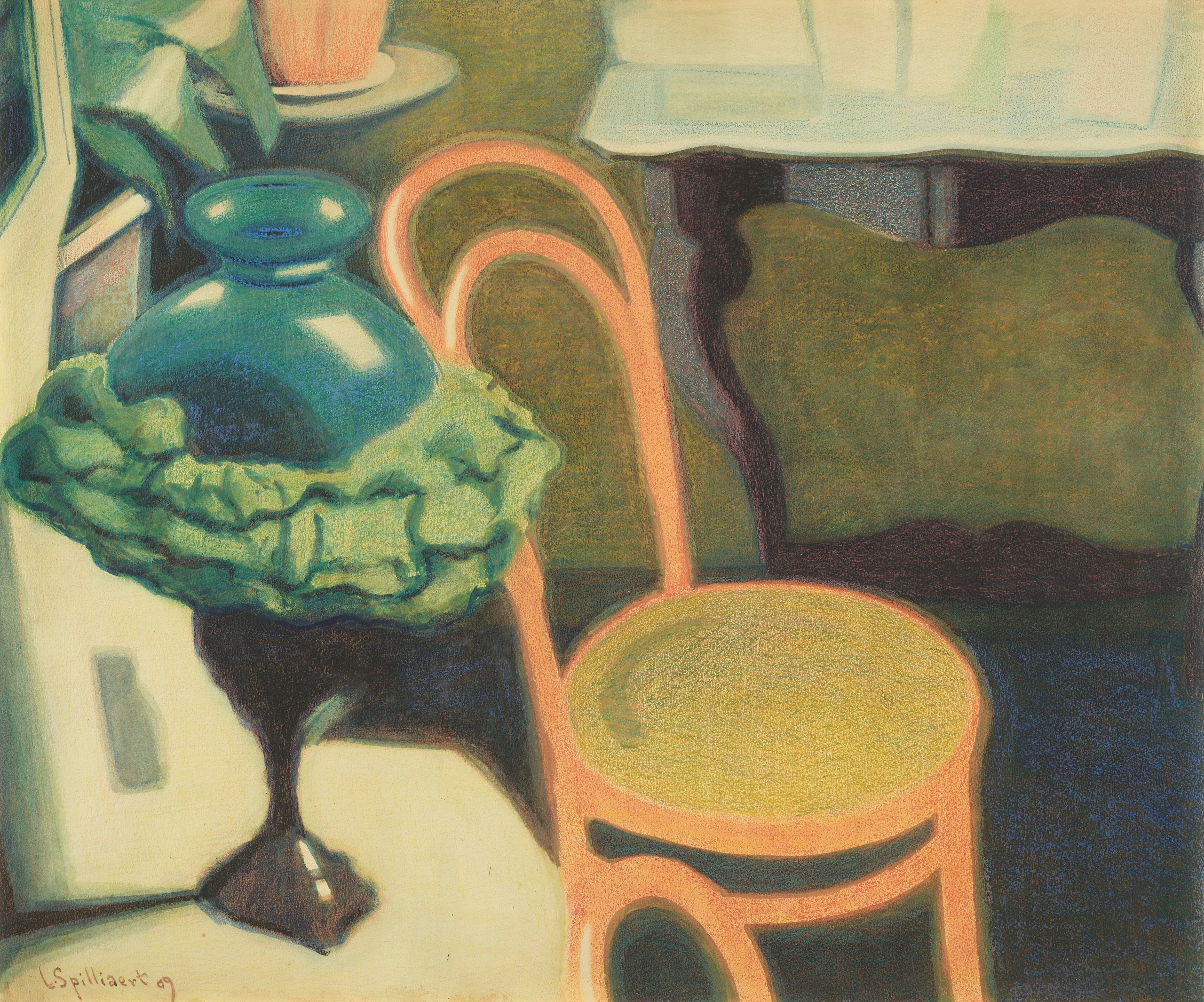 《内部配有椅子和蛋白石灯》（Interior with chair and opaline lamp）｜莱昂·斯皮里亚特 Léon Spilliaert｜1909