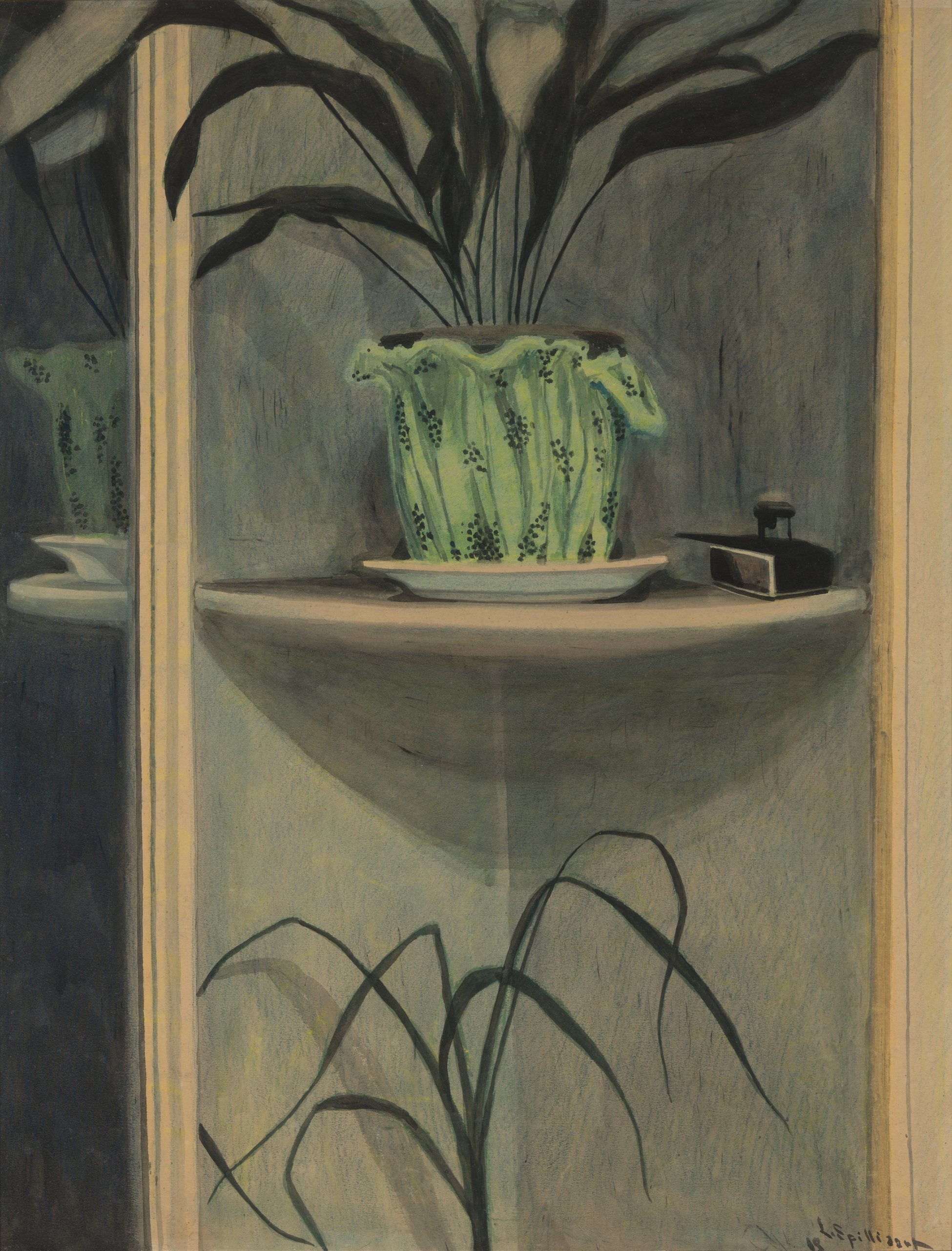 《室内有植物和墨水瓶》（Interior with plants and inkpot）｜莱昂·斯皮里亚特 Léon Spilliaert｜1908