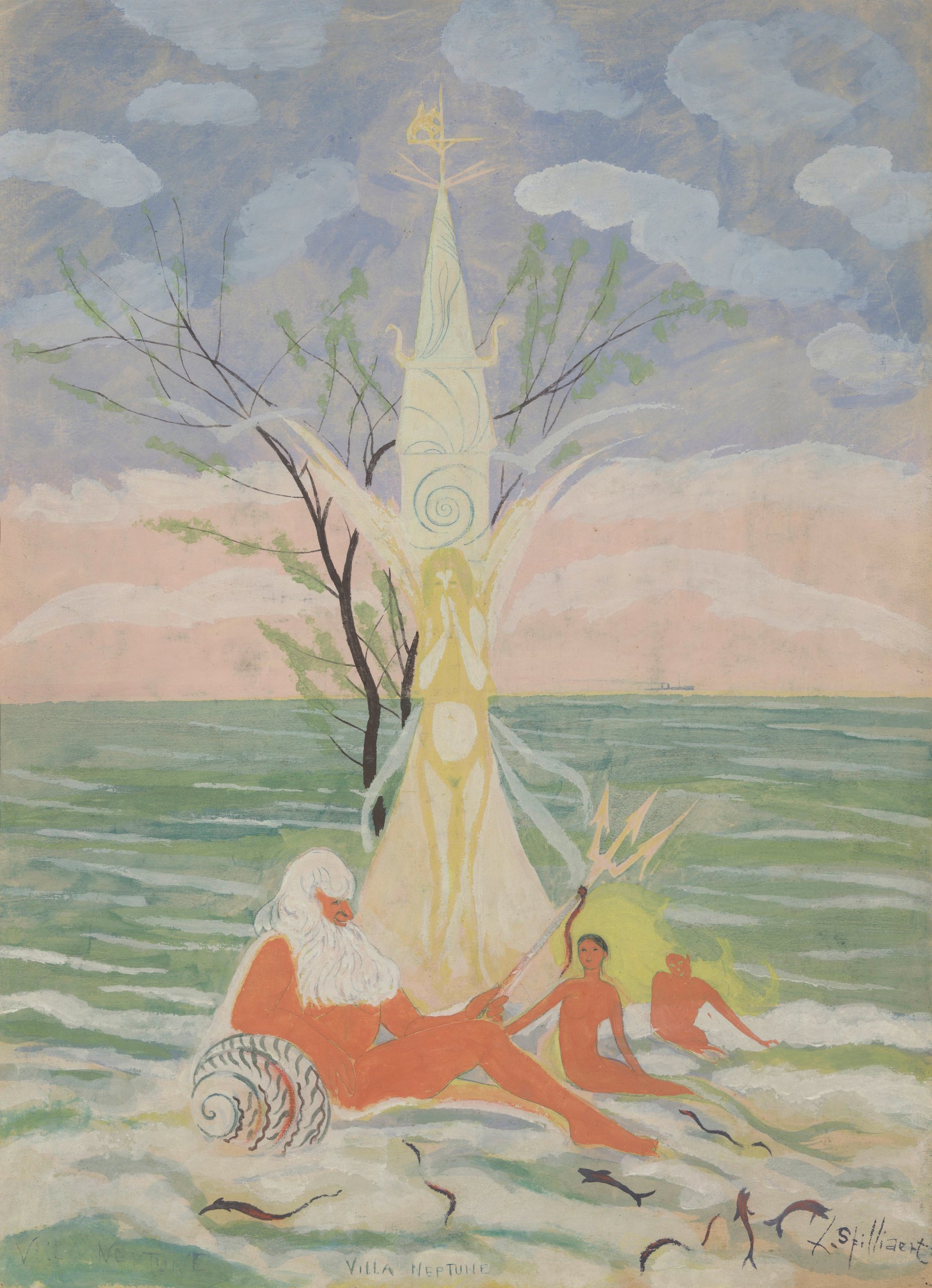 《海王星、人物和海》（Neptune, figures and sea）｜莱昂·斯皮里亚特 Léon Spilliaert｜1910