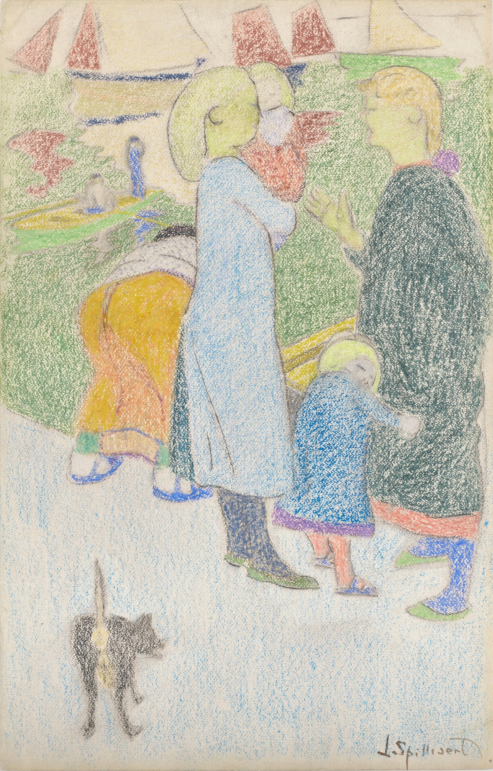 《奥斯坦德港码头上的母亲和孩子》（Mothers and children on the quay of the port of Ostend）｜莱昂·斯皮里亚特 Léon Spilliaert｜1910