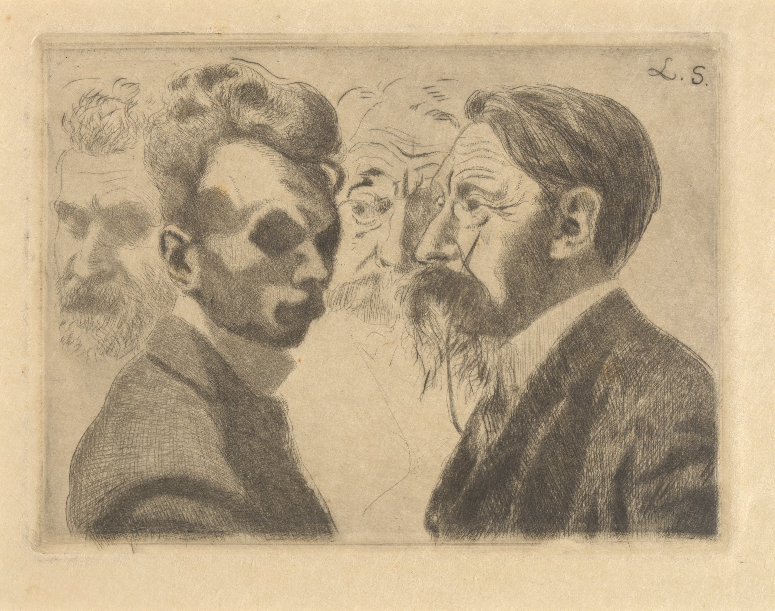 《埃米尔·维尔哈伦 (Emile Verhaeren) 和埃德蒙·德曼 (Edmond Deman) 肖像的自画像》（Self-portrait with double portrait of Emile Verhaeren and portrait of Edmond Deman）｜莱昂·斯皮里亚特 Léon Spilliaert｜1908
