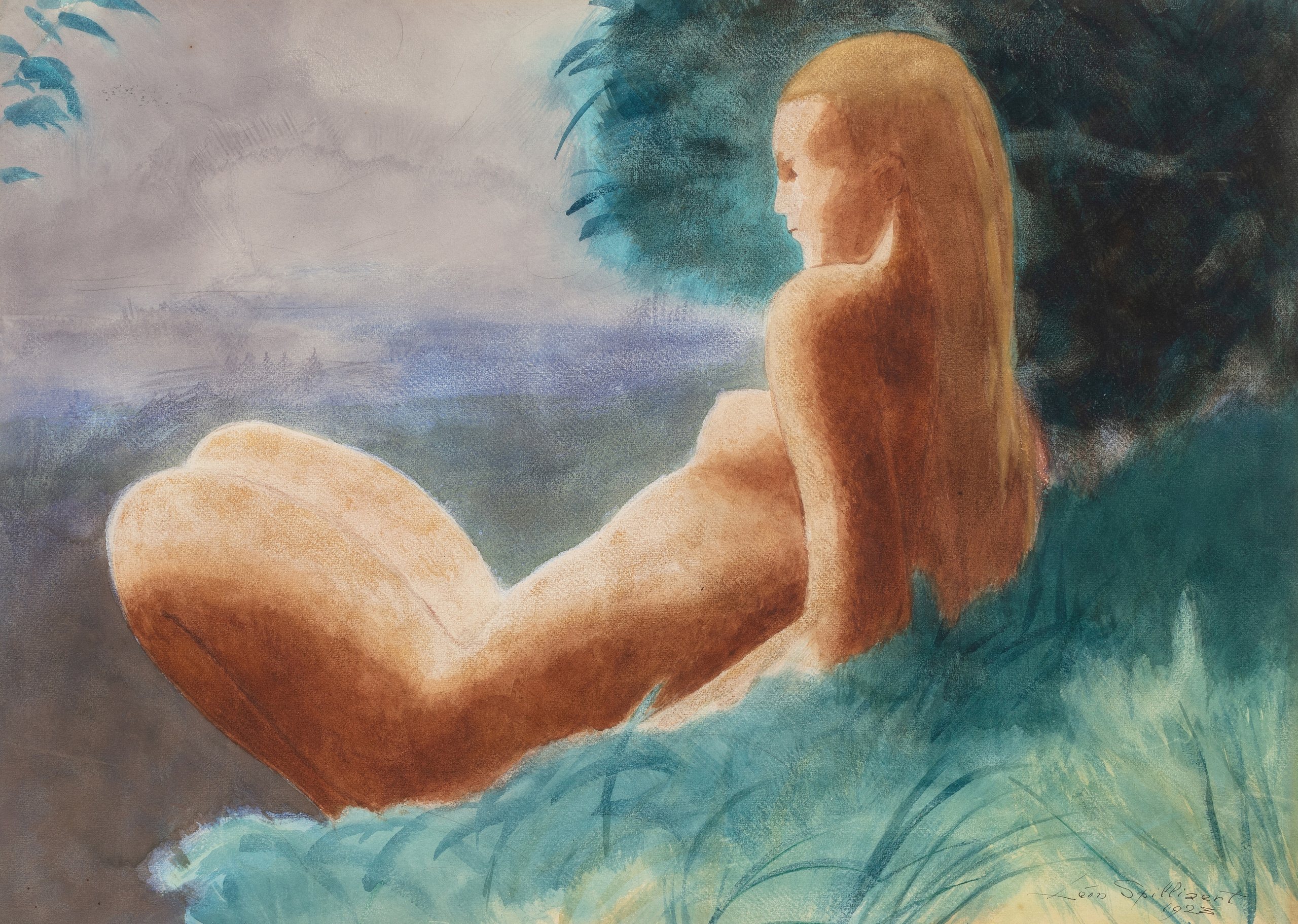 《裸体躺在草地上》（Nude lying in a meadow）｜莱昂·斯皮里亚特 Léon Spilliaert｜1928