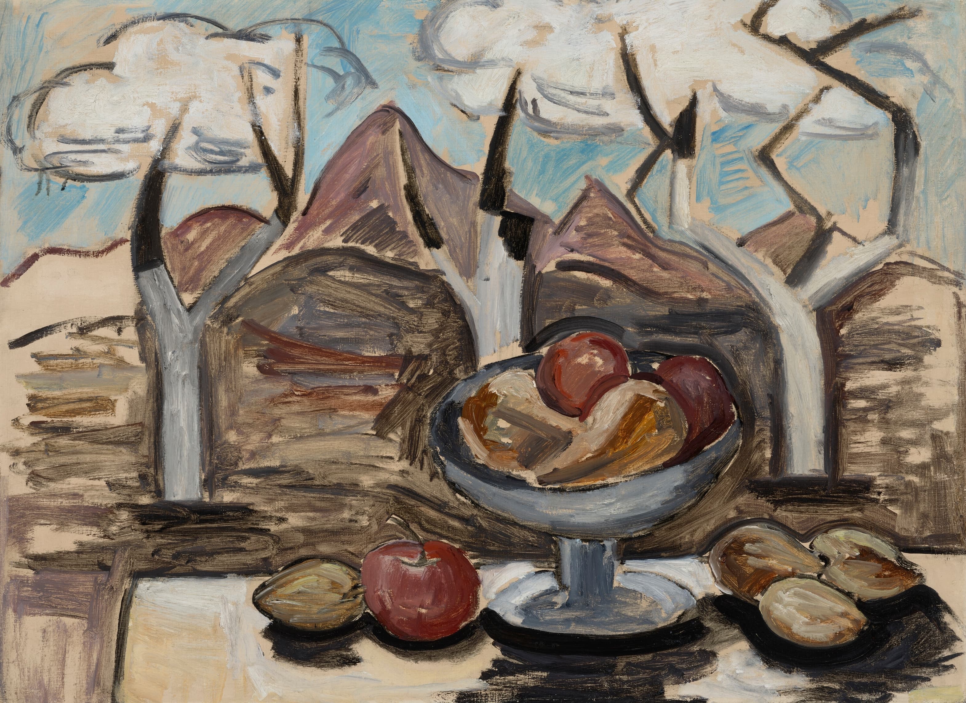 《高脚果盘与风景》（Compote of Fruit and Landscape）｜马斯登·哈特利｜1923–1926
