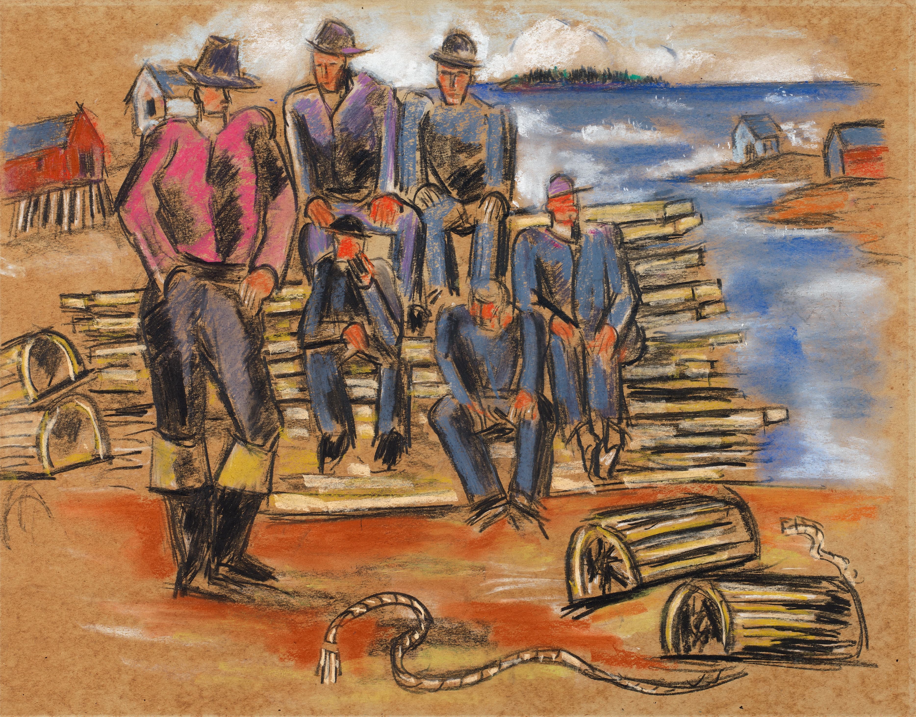 《捕龙虾的渔民习作》（Study for Lobster Fishermen）｜马斯登·哈特利｜1940