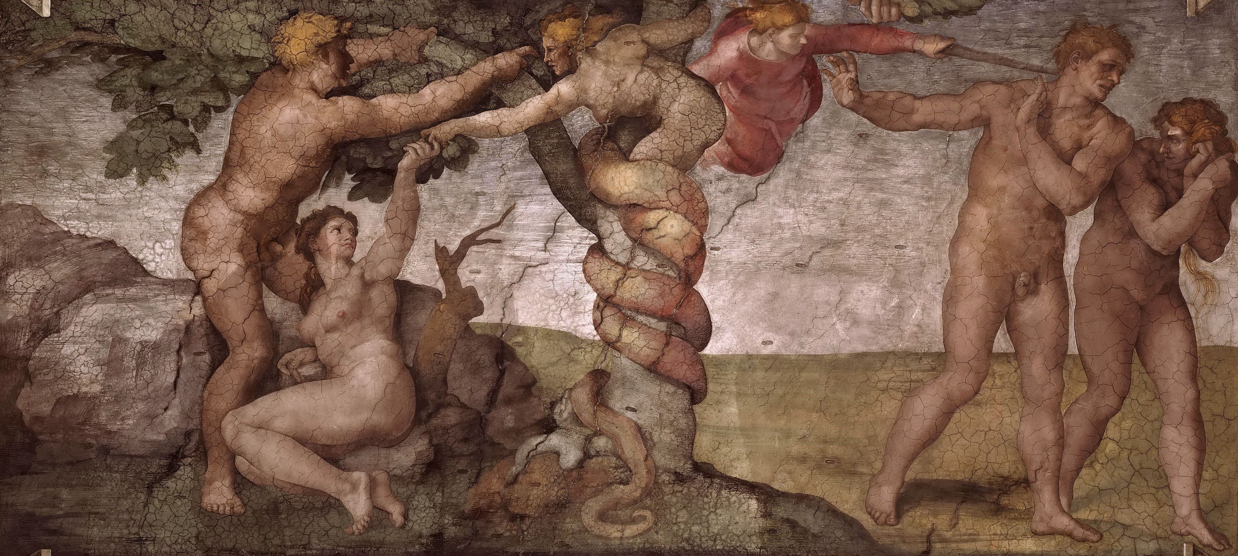 《诱惑与逐出伊甸园全景》（The Temptation and Expulsion from Eden, Full View）｜米开朗基罗 Michelangelo Buonarroti｜1511–1512