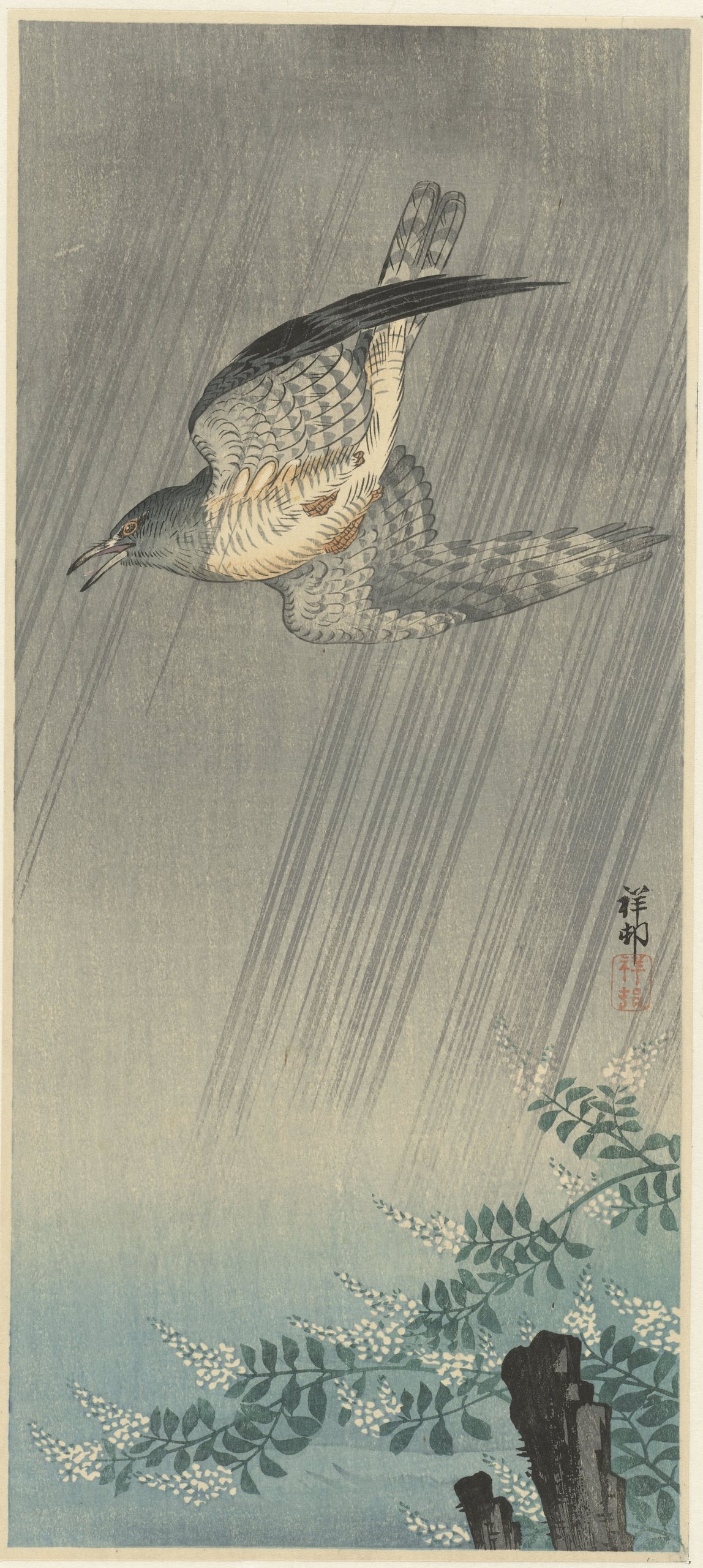 《暴风雨中的杜鹃》（Cuckoo in storm）｜小原古邨 Ohara Koson｜1925-1936