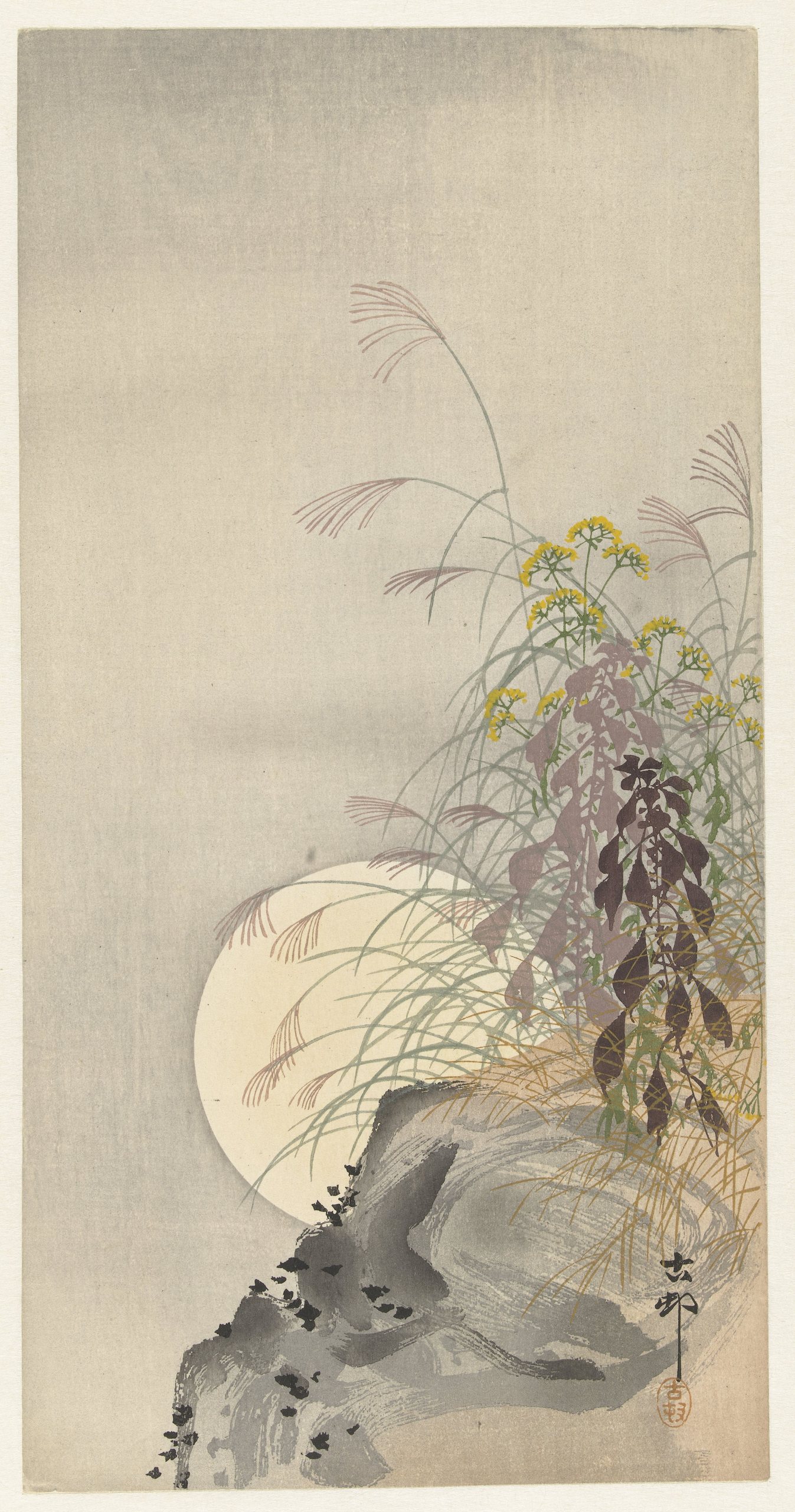 《满月时的草丛》（Grasses at full moon）｜小原古邨 Ohara Koson｜1900-1936