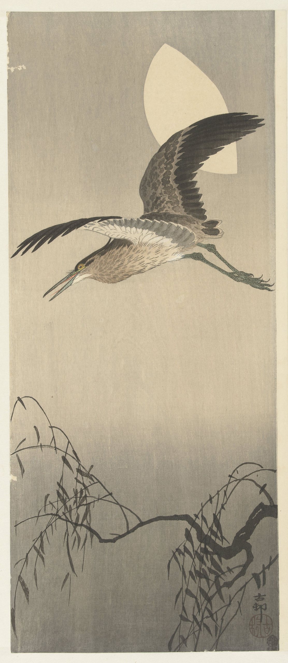 《苍鹭和月亮》（Heron and moon）｜小原古邨 Ohara Koson｜1910-1930