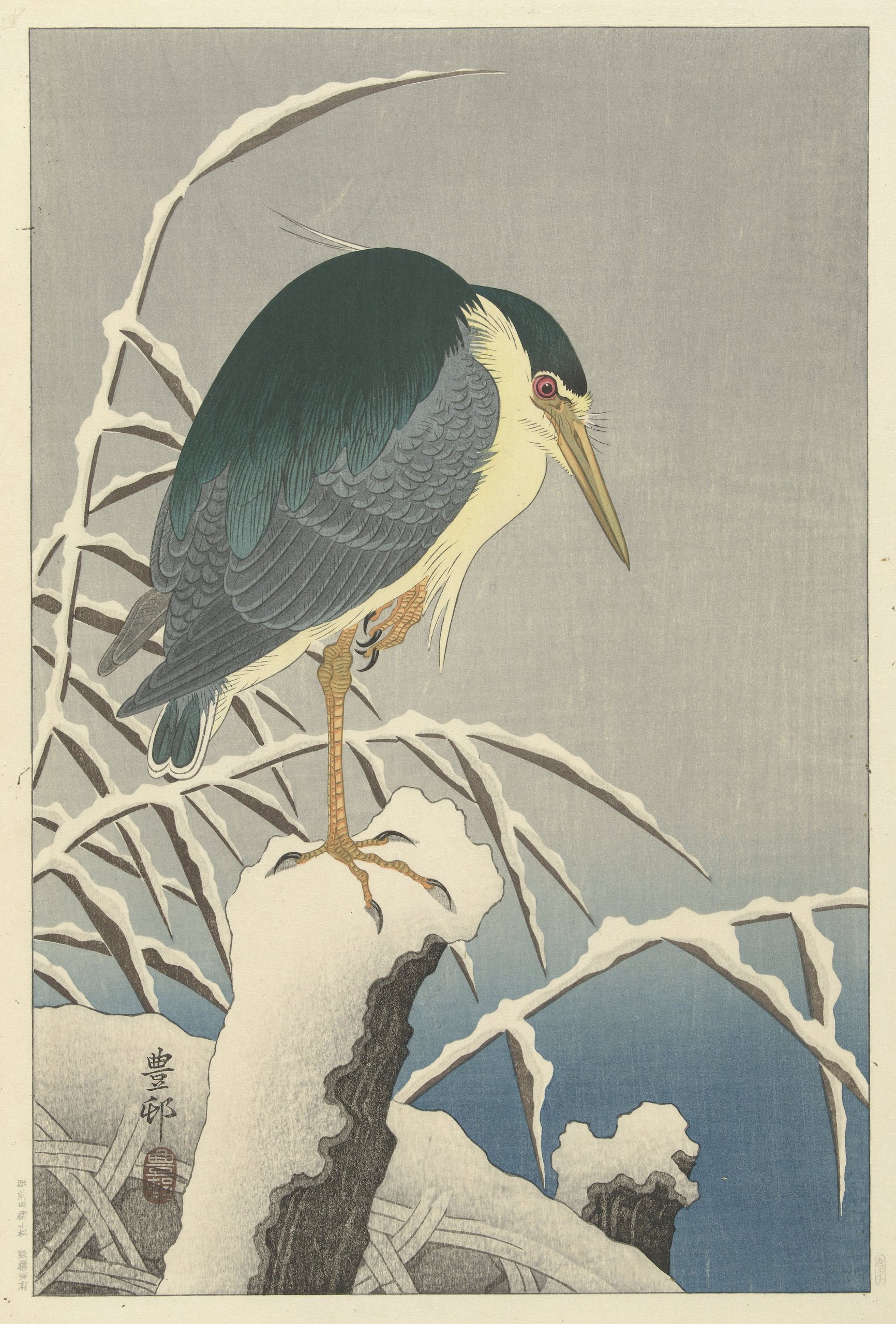 《雪中​​的苍鹭》（Heron in snow）｜小原古邨 Ohara Koson｜1920-1930