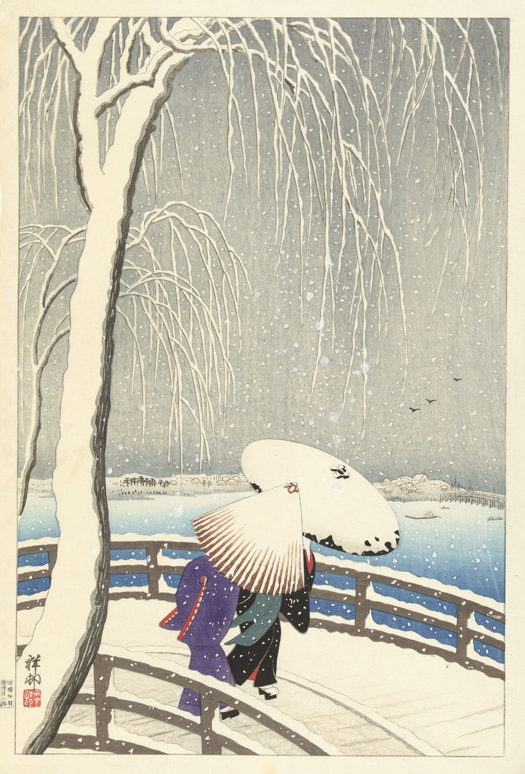 《柳桥的雪中》（In the snow on Yanagibashi）｜小原古邨 Ohara Koson｜1927