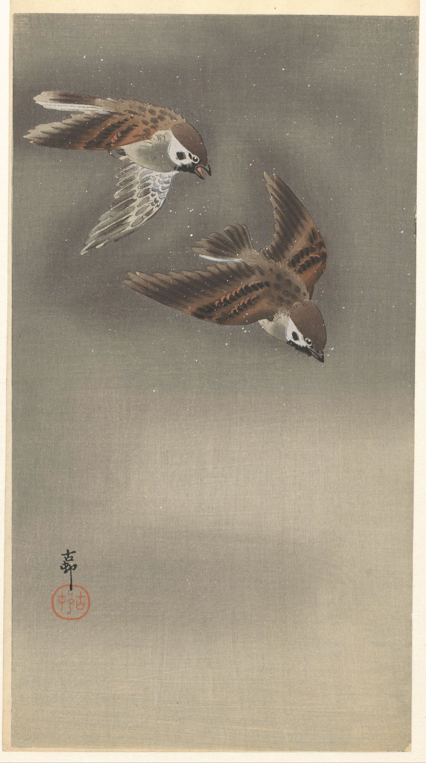 《雪中​​的环麻雀》（Ring sparrows in snow）｜小原古邨 Ohara Koson｜1900-1930