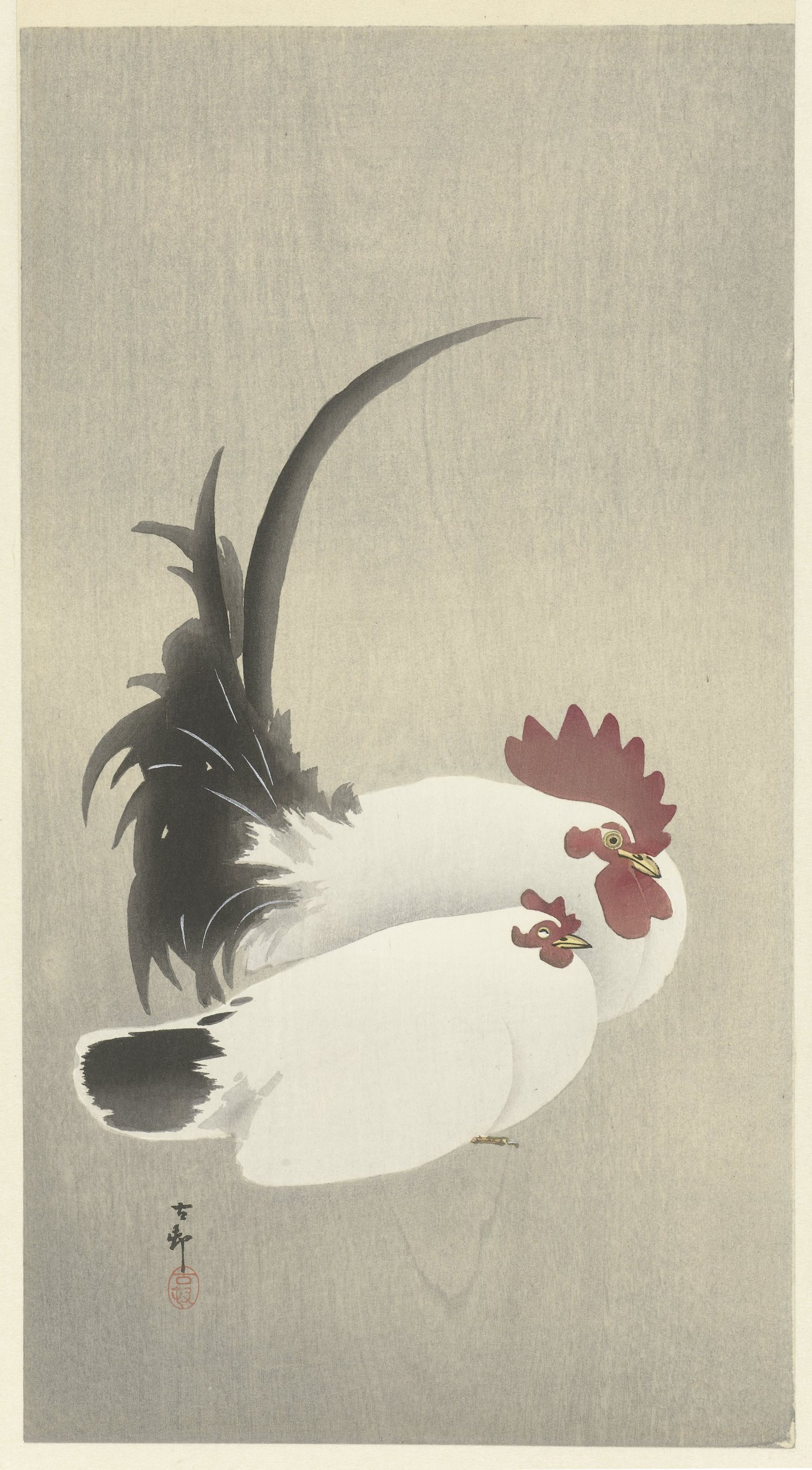 《公鸡和母鸡》（Rooster and hen）｜小原古邨 Ohara Koson｜1900-1930