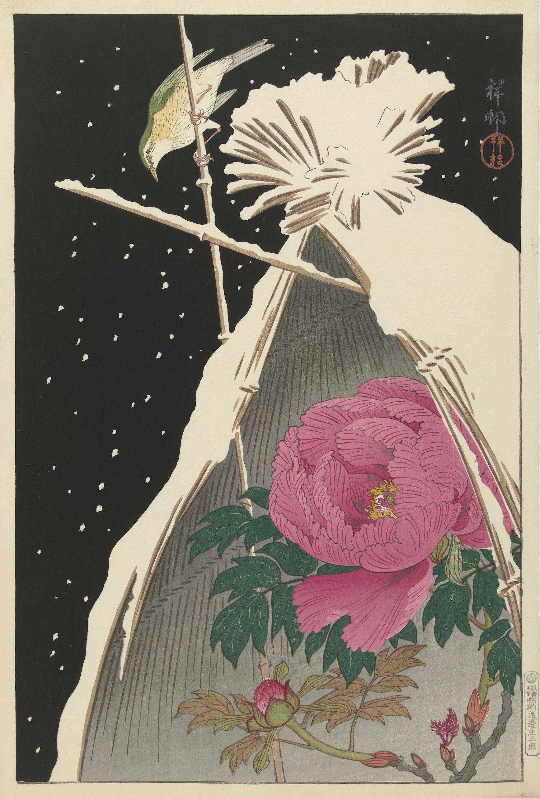 《西伯利亚 Bluechat 旁边的牡丹被雪覆盖的干草捆遮蔽》（Siberian Bluechat next to a Peony sheltered by a Snowcovered Hay Sheaf）｜小原古邨 Ohara Koson｜1925-1936