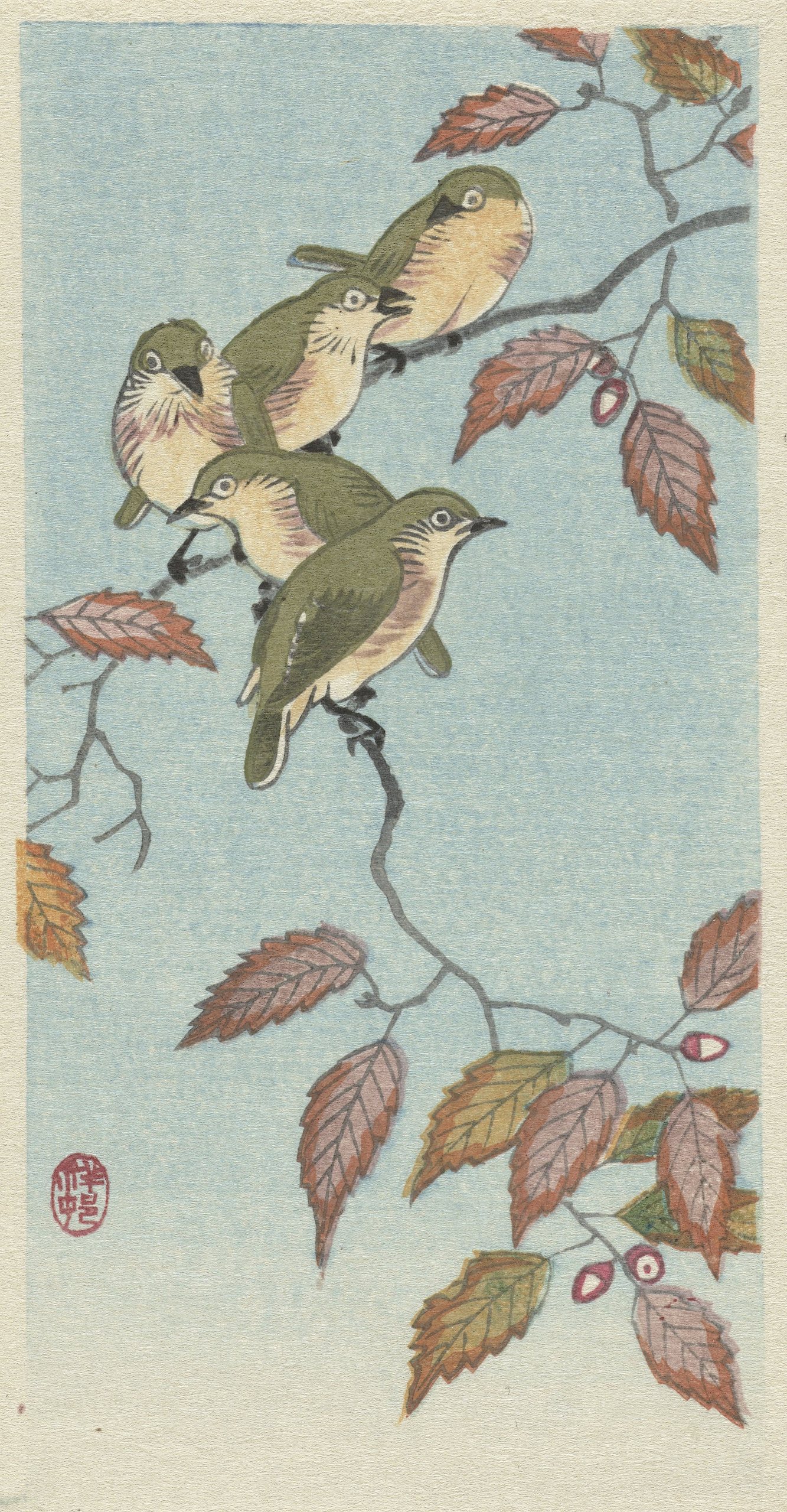 《树枝上的小鸟》（Small Birds on a Twig）｜小原古邨 Ohara Koson｜1900-1936