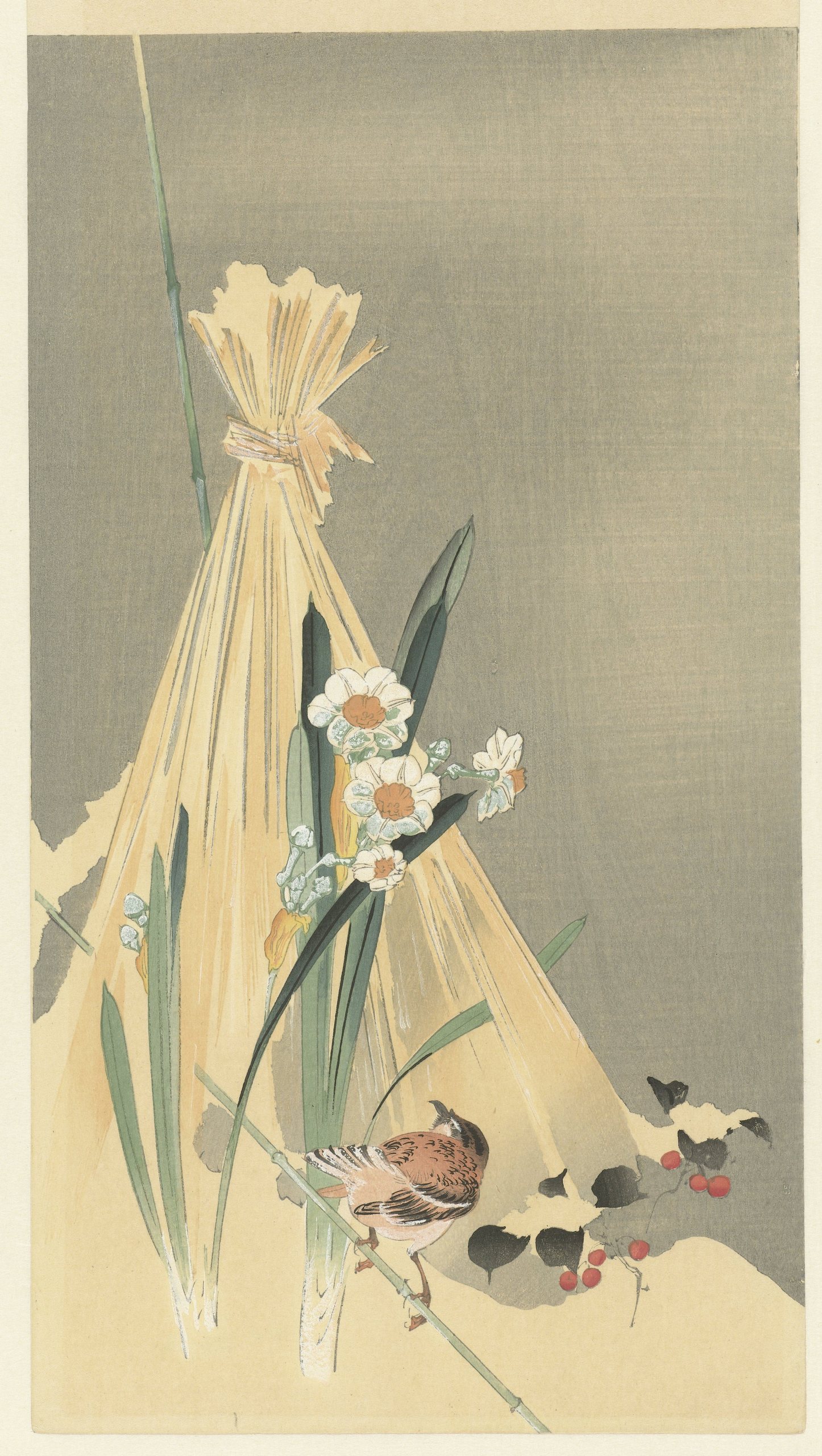 《干草捆上的鸣鸟》（Songbird at hay bundle）｜小原古邨 Ohara Koson｜1900-1930