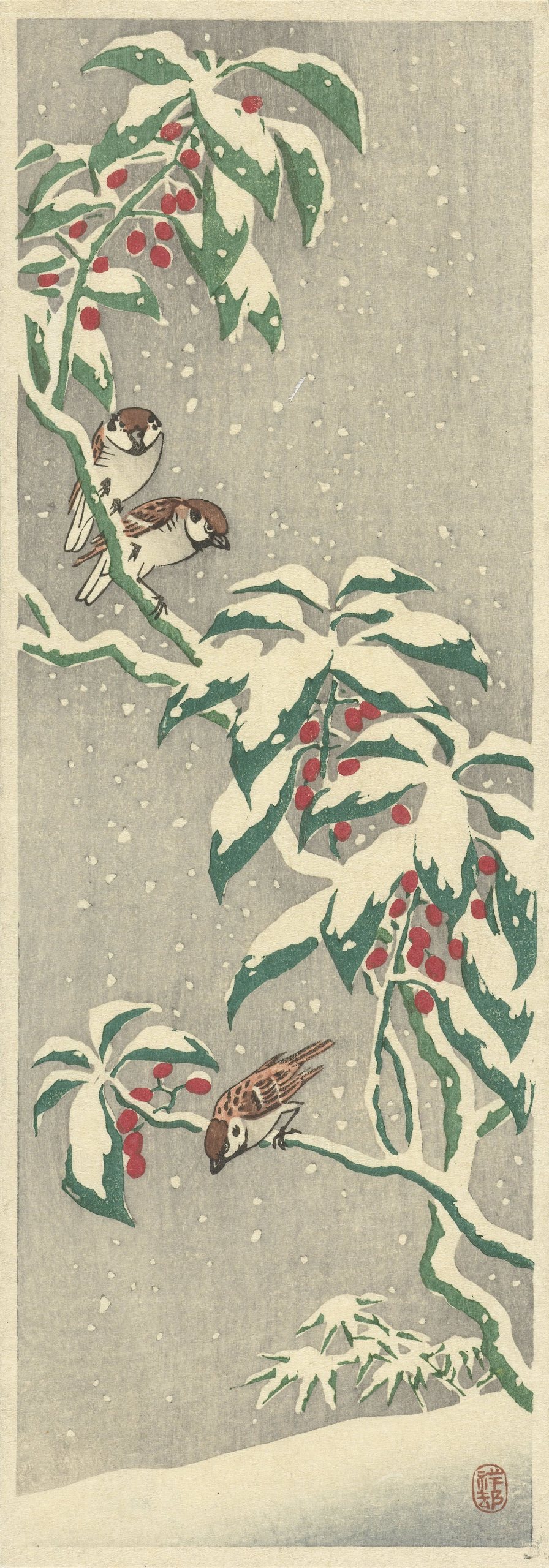 《雪醋栗灌木上的麻雀》（Sparrows on snowy currant bush）｜小原古邨 Ohara Koson｜1900-1945