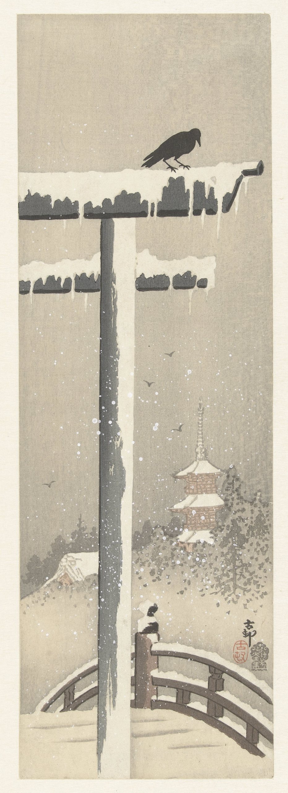 《雪中鸟居》（Torii in the Snow）｜小原古邨 Ohara Koson｜1900-1910