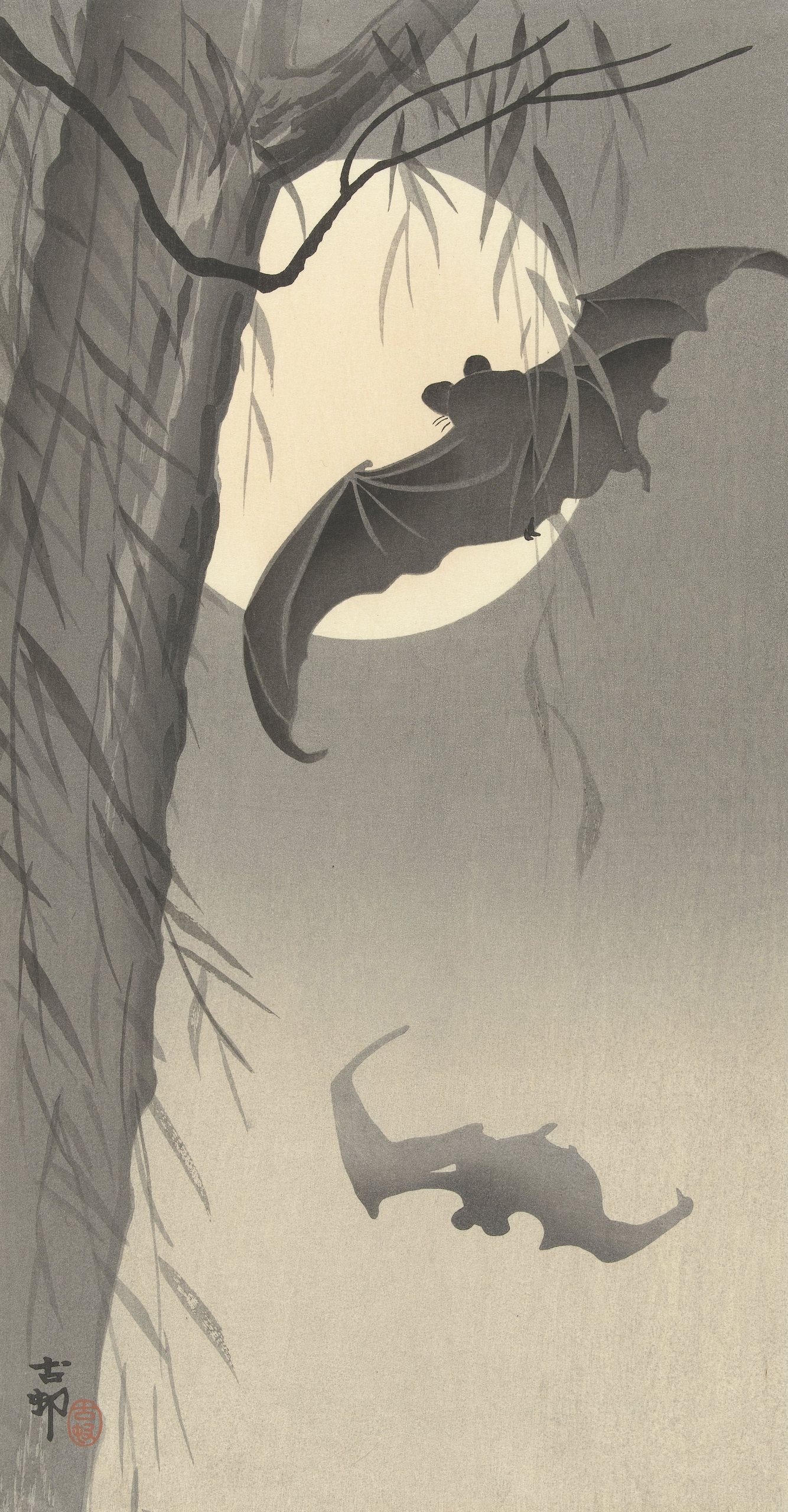 《满月时的两只蝙蝠》（Two bats at full moon）｜小原古邨 Ohara Koson｜1900-1936