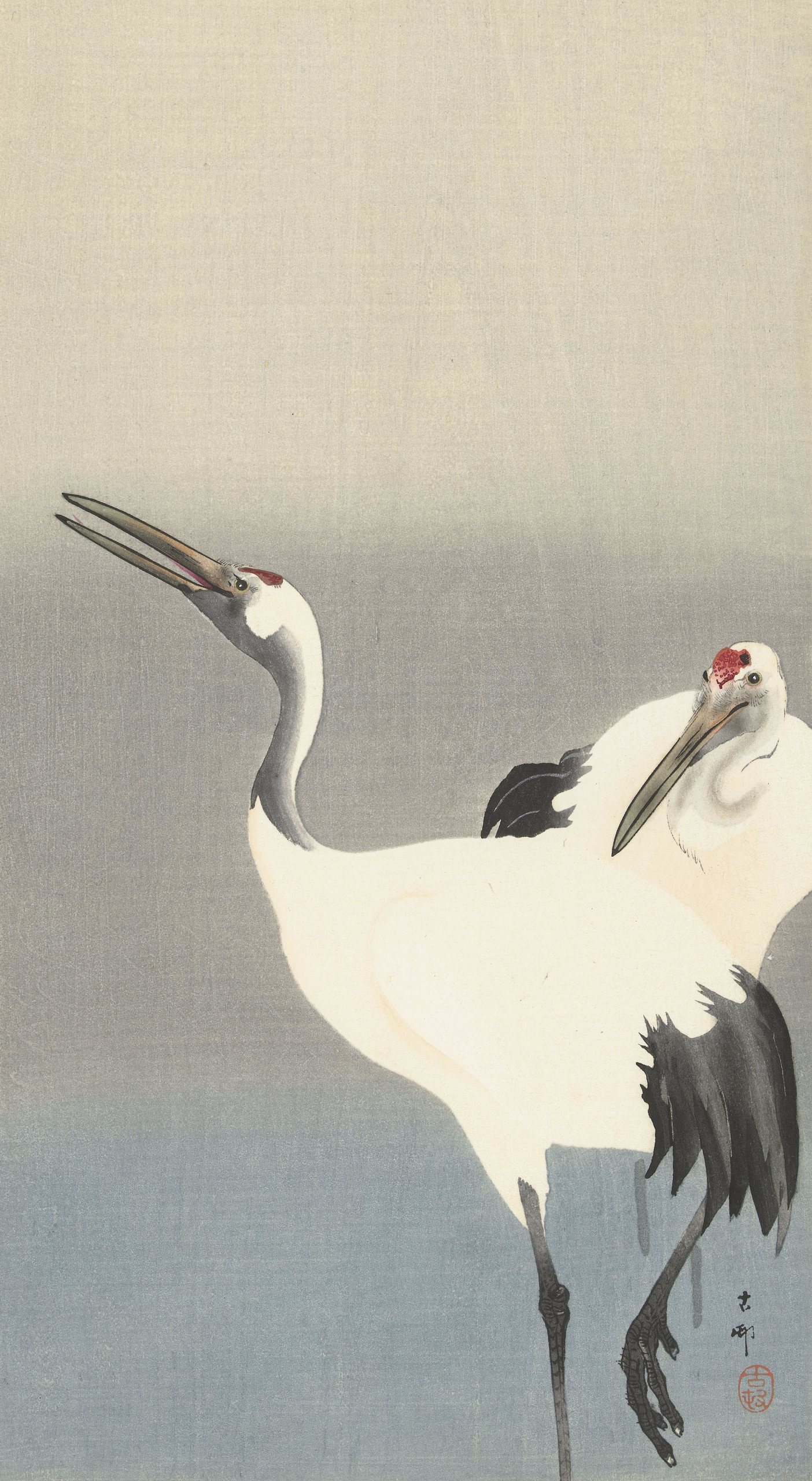 《两台起重机》（Two cranes）｜小原古邨 Ohara Koson｜1900-1930